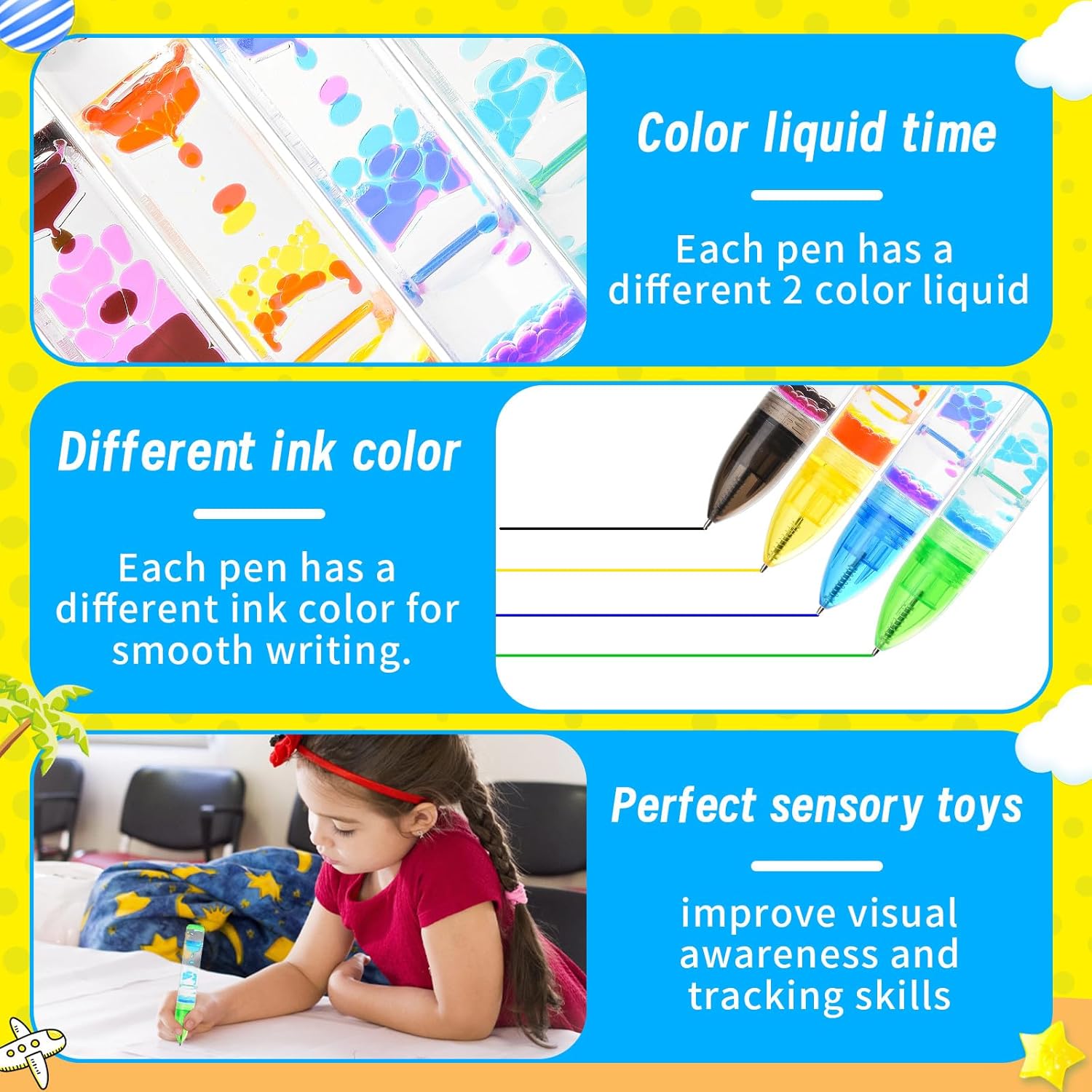 Liquid Motion Bubbler – Juego de 4 bolígrafos coloridos para ansiedad para niños y adultos, bolígrafo temporizador líquido para aliviar el estrés,