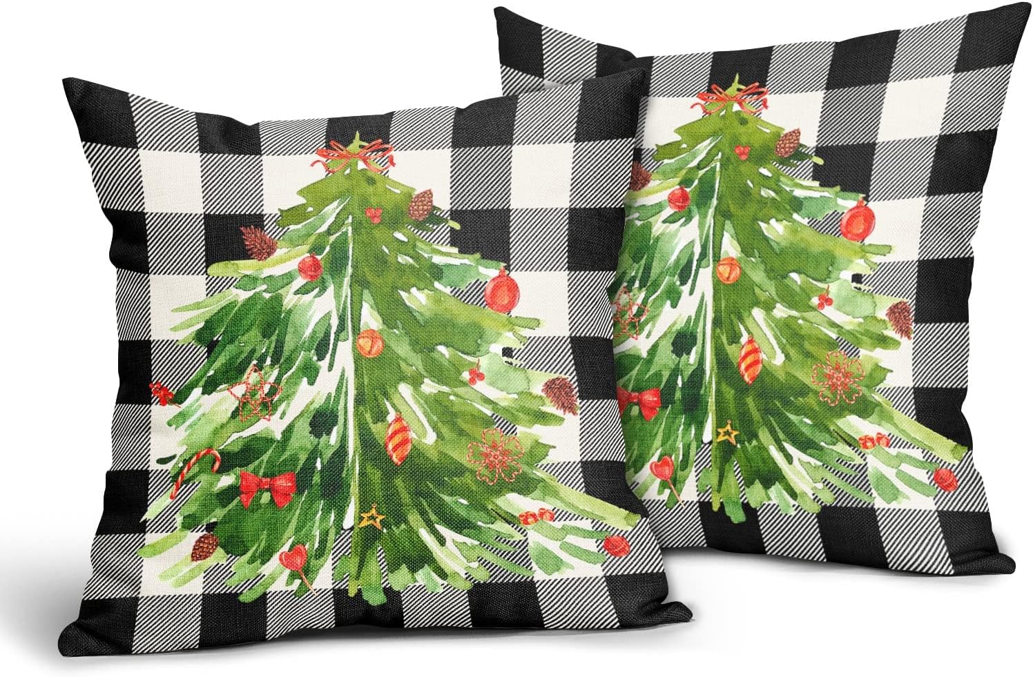 Kawani Juego de 2 fundas de almohada decorativas con diseño de árbol de Navidad en acuarela de 18 x 18 pulgadas, fundas de almohada decorativas de