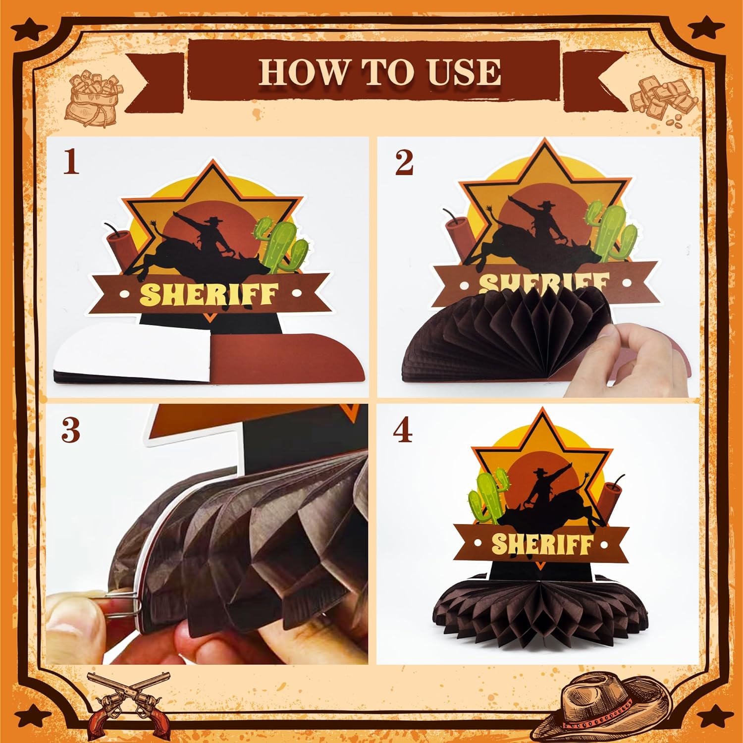 Yoqipati 10 Pieces Western Cowboy Honeycomb Centerpieces Wild West Party Decoration 3D Table Toppers Double Sided Stand Cards for Western Theme