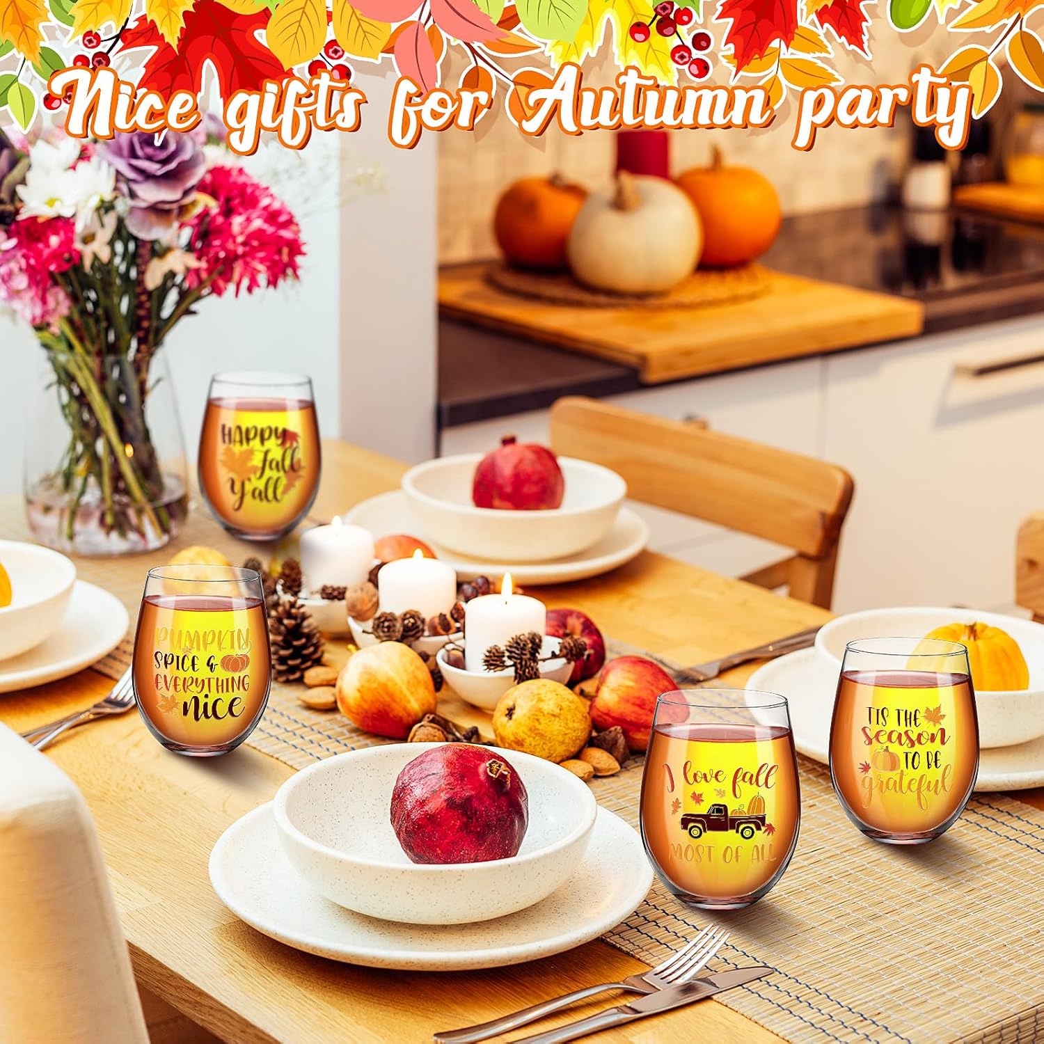 4 copas de vino sin tallo de otoño para mujeres, decoraciones de otoño de Acción de Gracias, tazas de especias de calabaza, cosecha de calabaza,