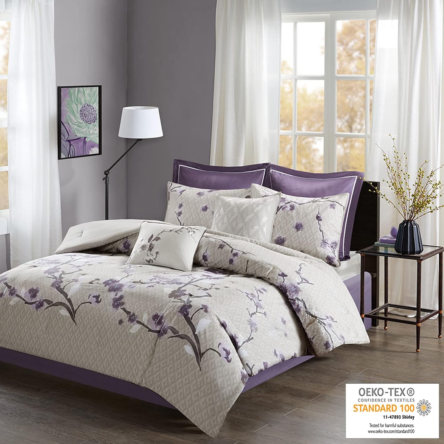 Madison Park Cozy Parrizer Nature Scenery DISEÑO Temporada, Falda de cama a juego, Almohadas decorativas, Reina, Púrpura 8 pieza