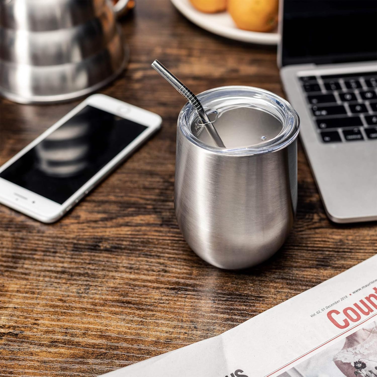COMOOO Vaso de vino de acero inoxidable con tapa y pajita, vaso de viaje de doble pared aislado al vacío de 12 onzas para café, vino, cócteles,