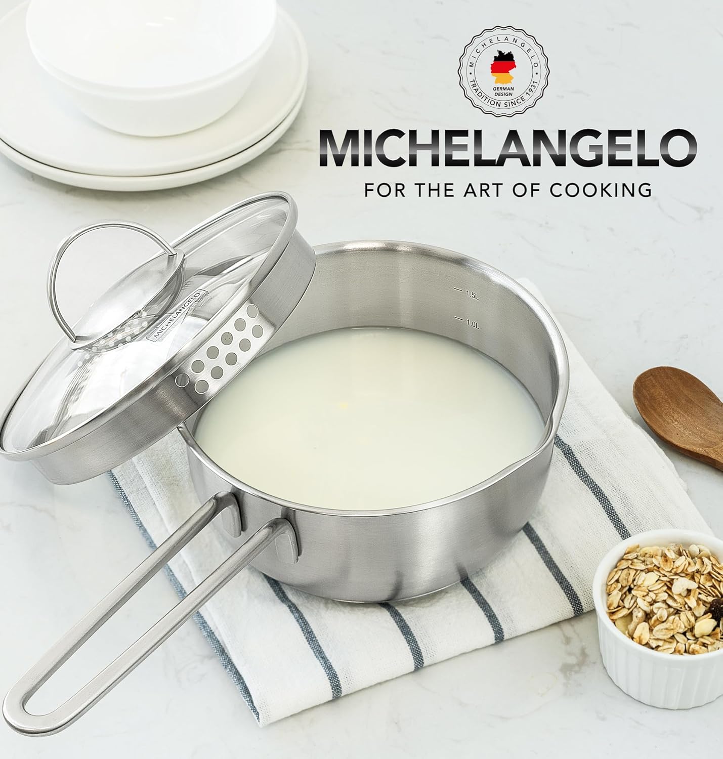 MICHELANGELO Juego de cacerolas de acero inoxidable de 1 cuarto y 2 cuartos, sartén inferior de tres capas con tapa y boquilla para verter, juego de