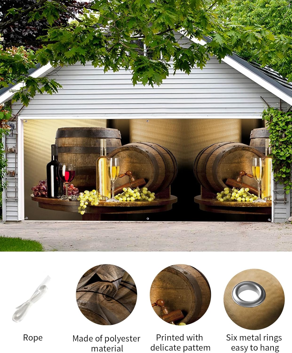 Red Wine Grape Wooden Barrel Garage Door Decorations, Abstract Art Garage Door Banner Cover with Grommets, Garage Door Mural Backdrop Decoration for