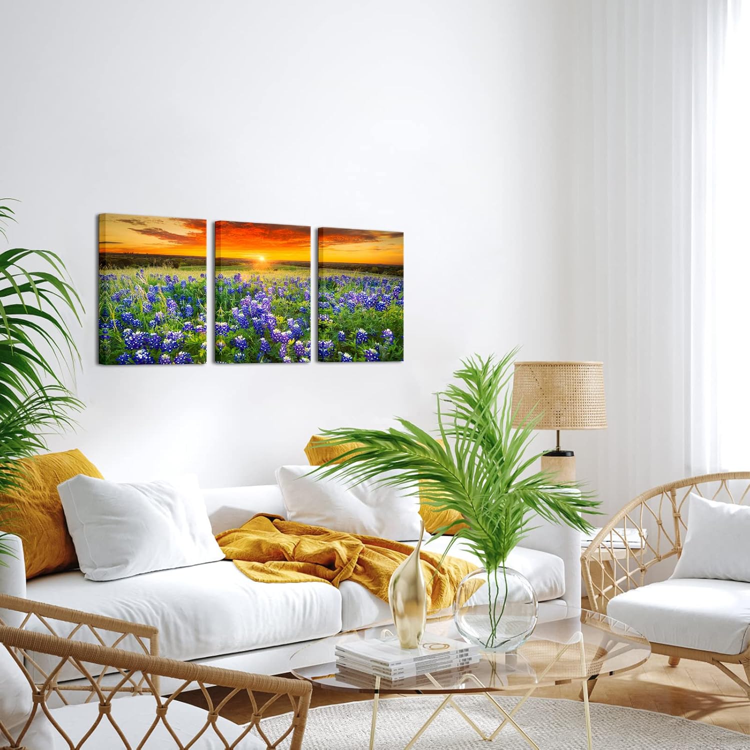 Nachic Wall Cuadro de 3 piezas de puesta de sol para pared, hermoso campo de arándanos de Texas, pintura fotográfica sobre lienzo, póster de paisaje