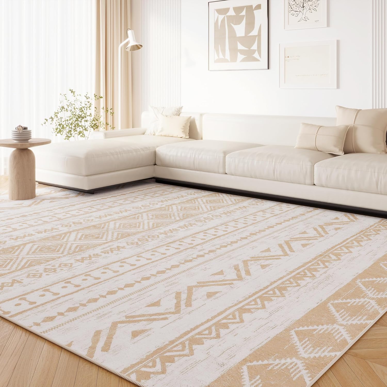 Alfombra de área de 5 x 7 pies, color beige, lavable, para dormitorio, sala de estar, moderna, marroquí, antideslizante, suave, para interiores,