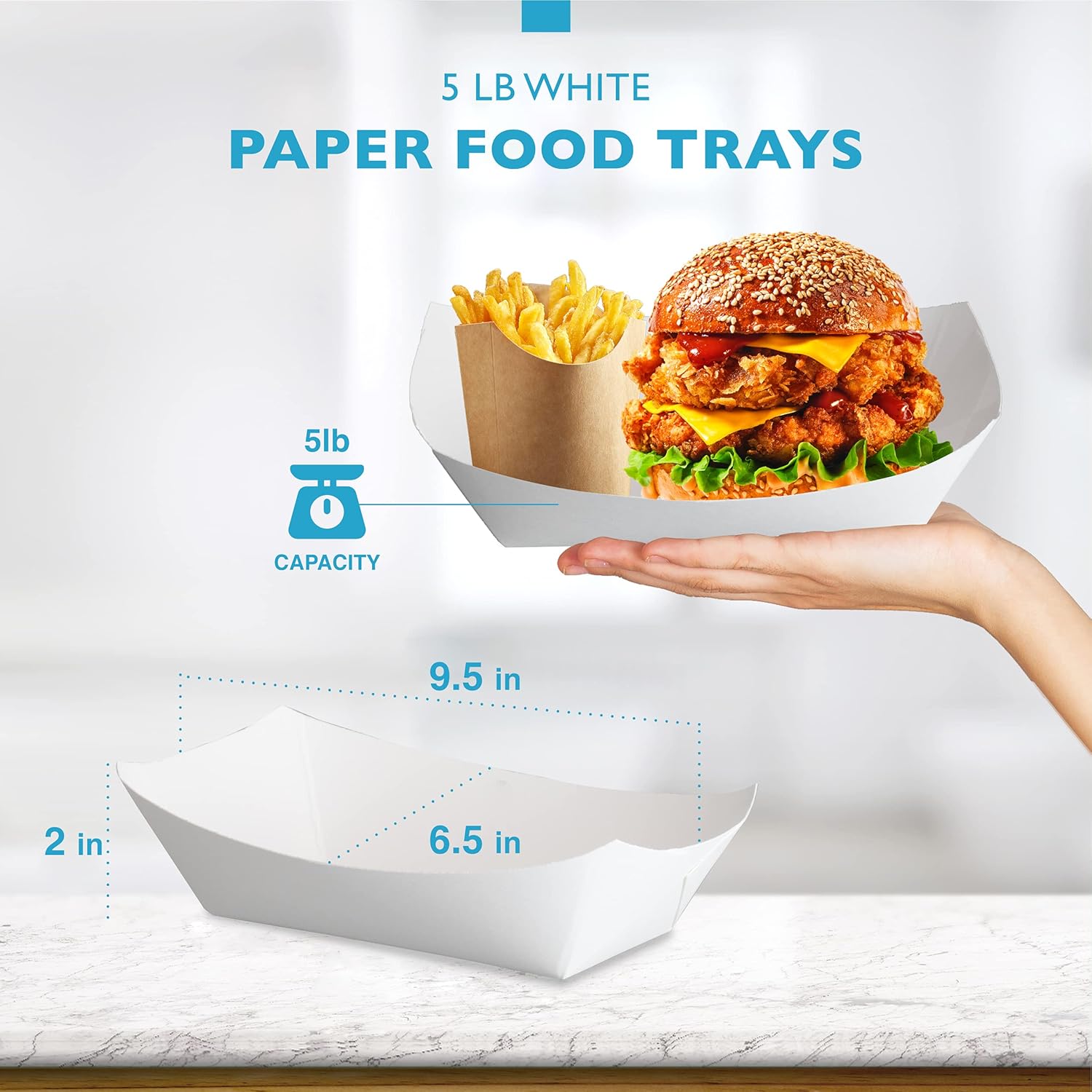 Fit Meal Prep Paquete de 125 Bandejas de papel de 5 libras para alimentos desechables de alta resistencia, bandeja de nachos blancos para fiestas,
