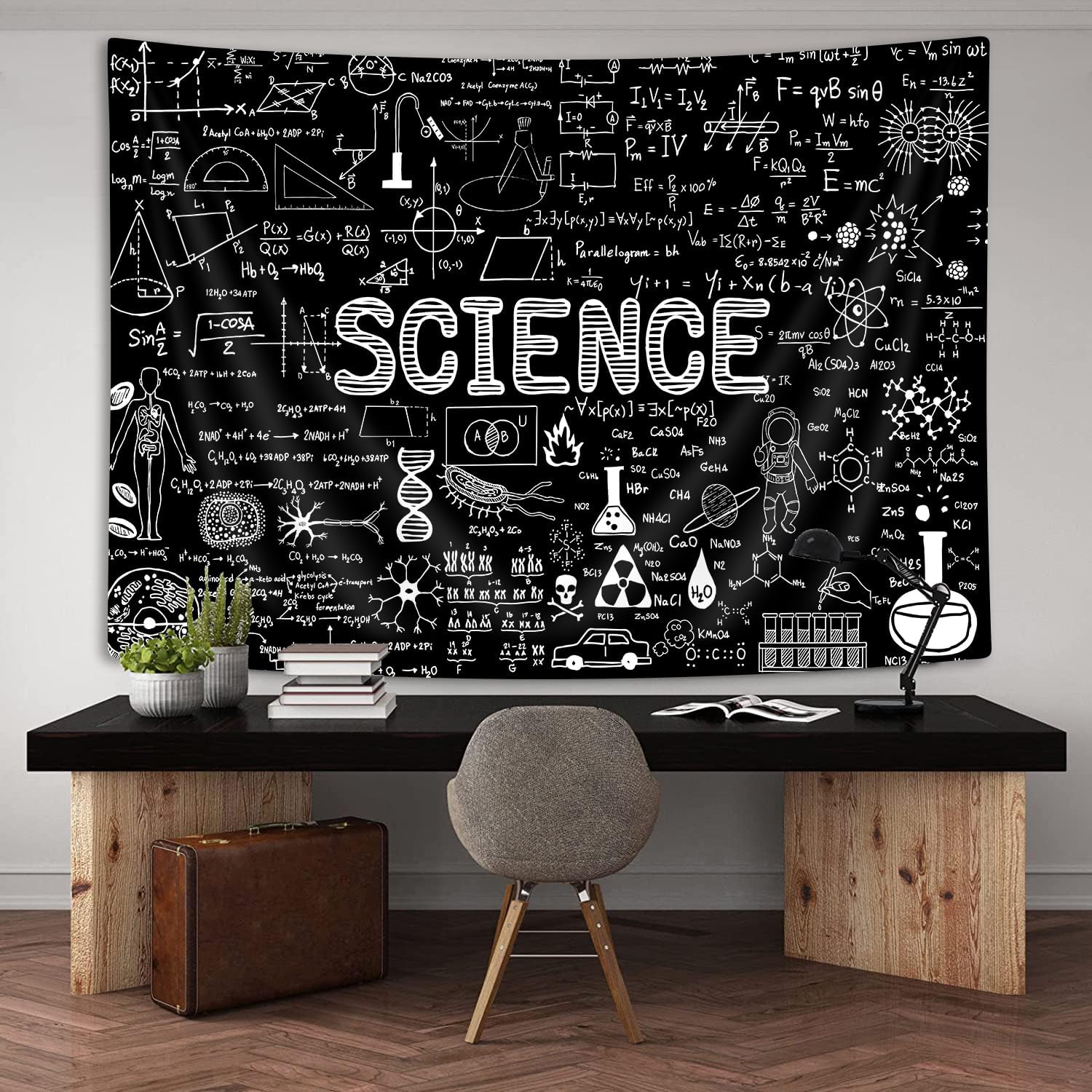 PAOPOED Tapiz de ciencia, temática educativa, decoración de fondo de laboratorio para estudiantes, fórmulas matemáticas, mantel para colgar en la