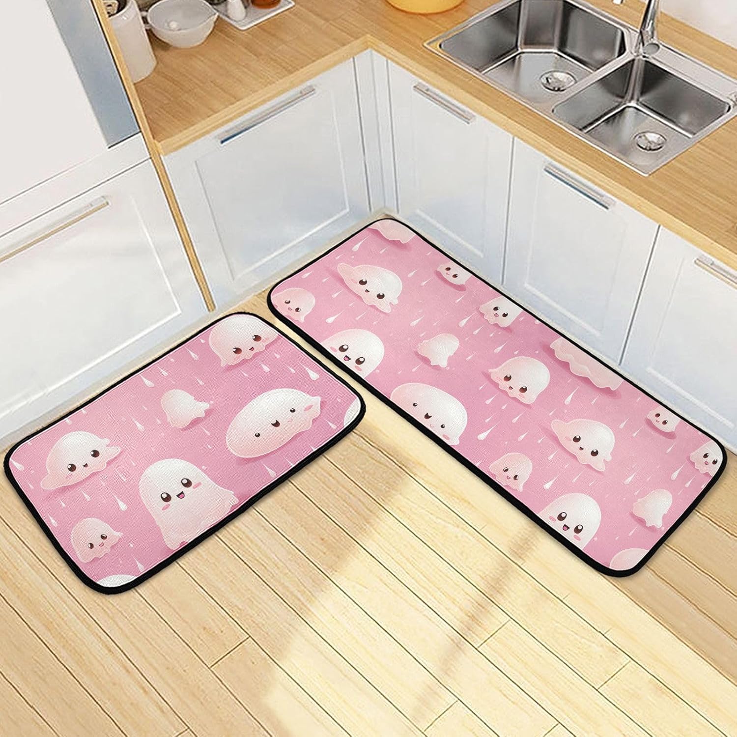 ZENWAWA Cute Halloween Design Pattern Kitchen Mats 2 Pieces for Floor, Low Pile Kitchen Rugs Cushioned Water Absorbent Floor Mats for Kitchen Sink