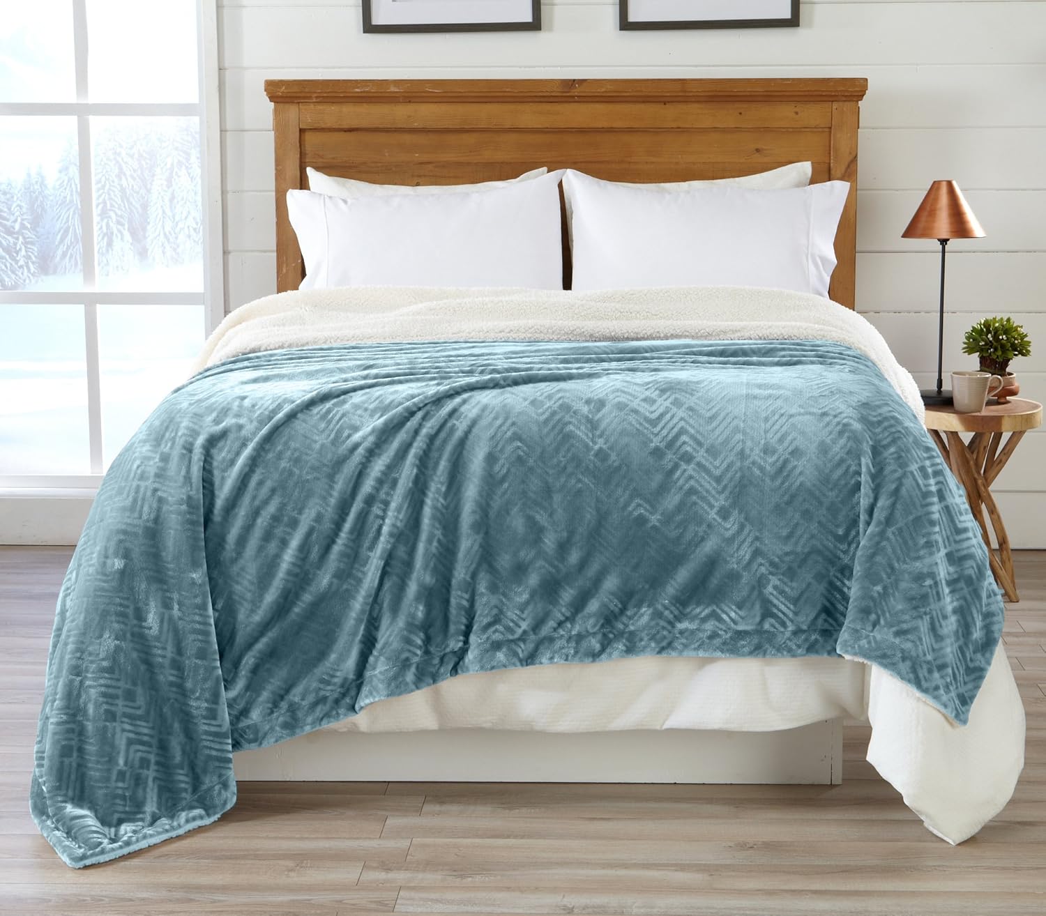 Manta reversible de Sherpa y vellón aterciopelado. Manta para la cama de vellón suave, cálida y acogedora. Colección Cielo. (Full  Queen, azul Surf)