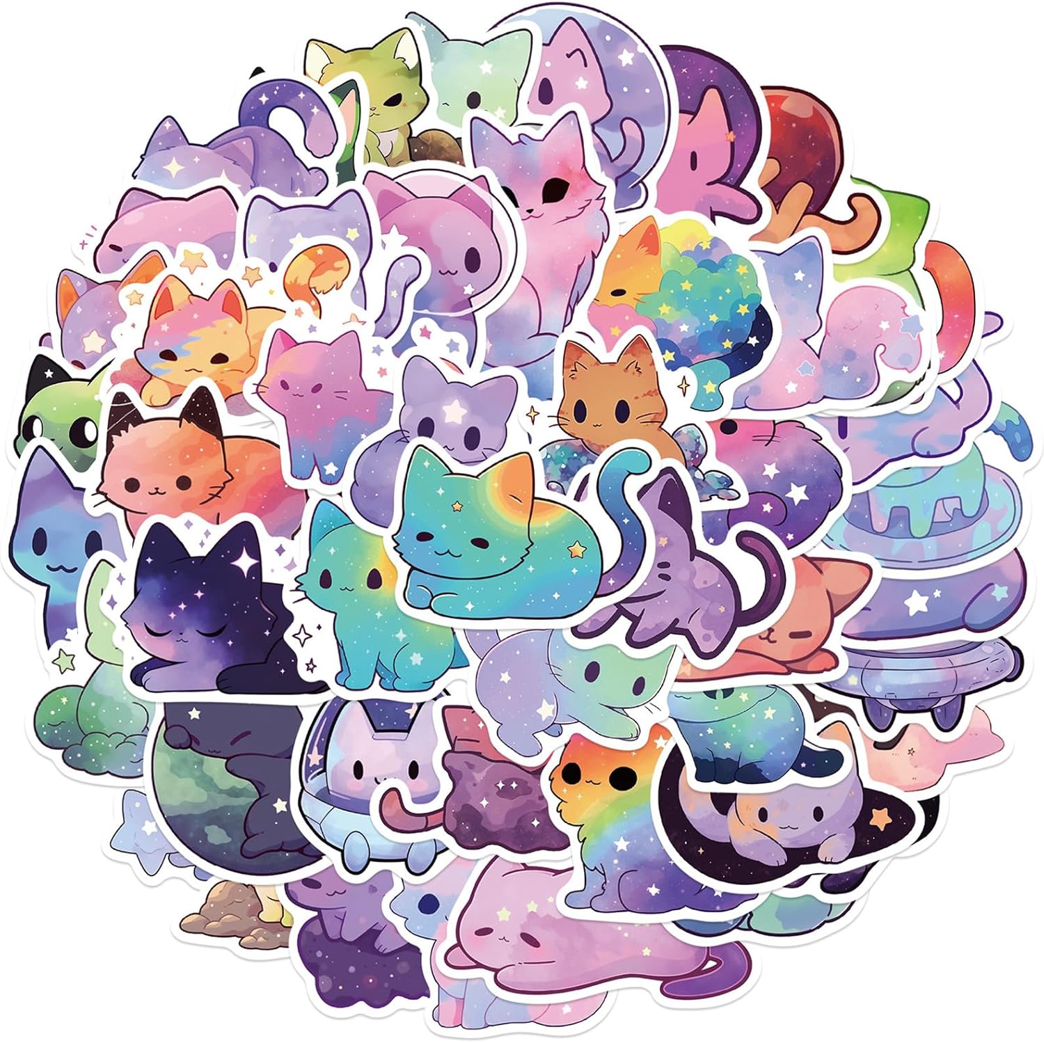 jjlin JJLIN-1 – 50 calcomanías de gato con cielo estrellado, calcomanías de gato de color arcoíris, colección Galaxy para botellas de agua, regalos