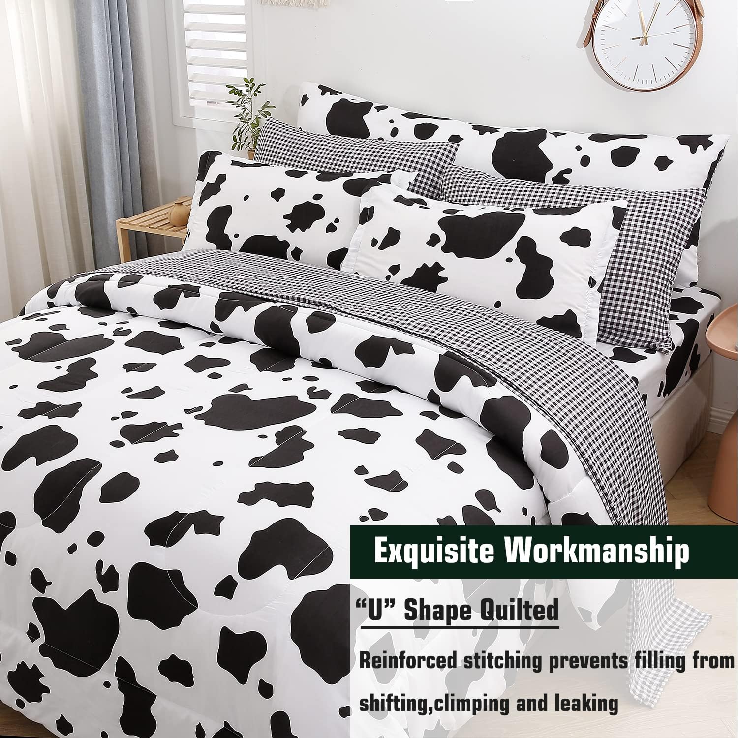 SUCSES Juego de edredón tamaño individual con sábanas de 8 piezas con estampado de vaca, ropa de cama de piel de vaca en una bolsa para niños y