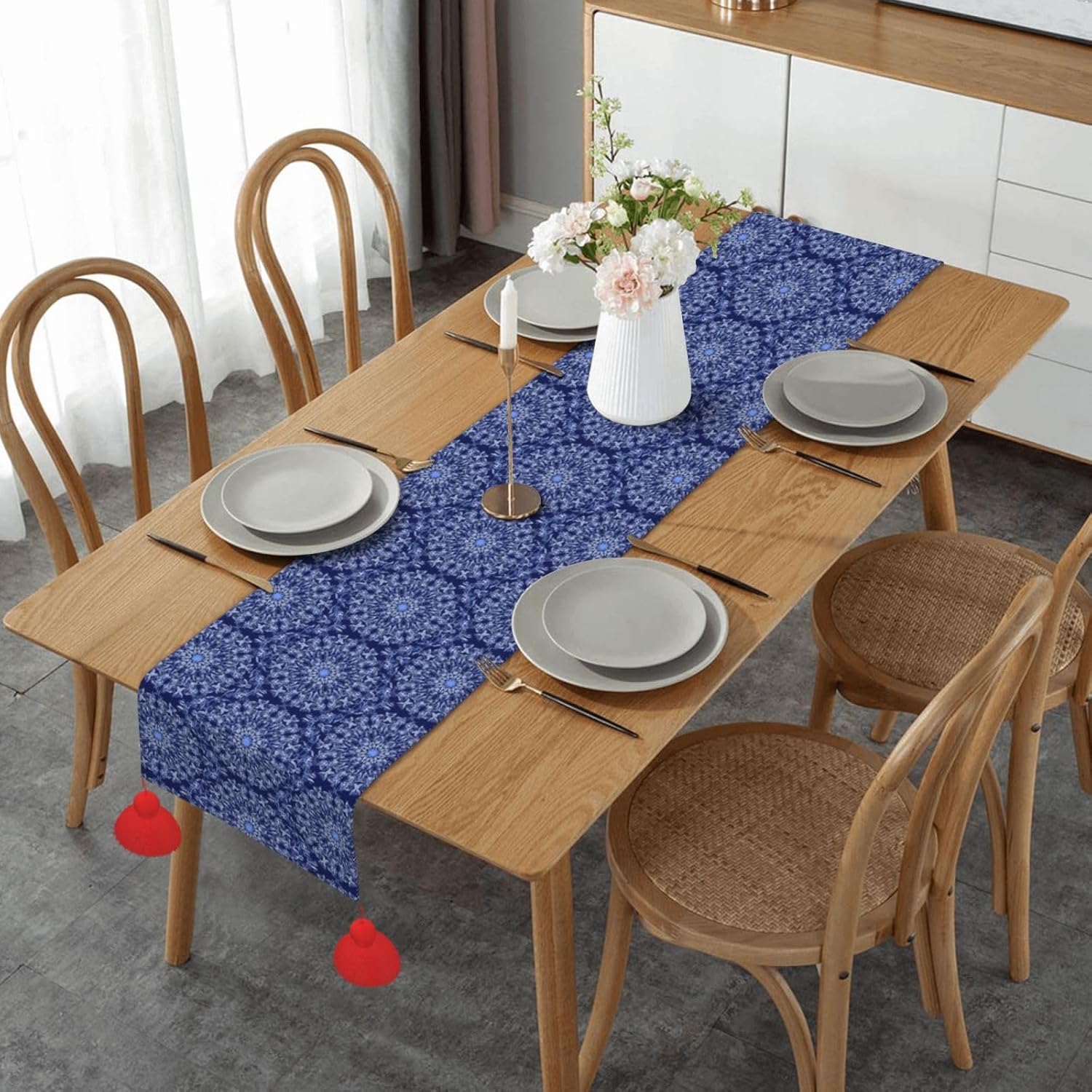 Camino de mesa de Navidad con flores azules, decoración de mesa de comedor, decoración de Navidad, decoración de interiores del hogar, caminos de