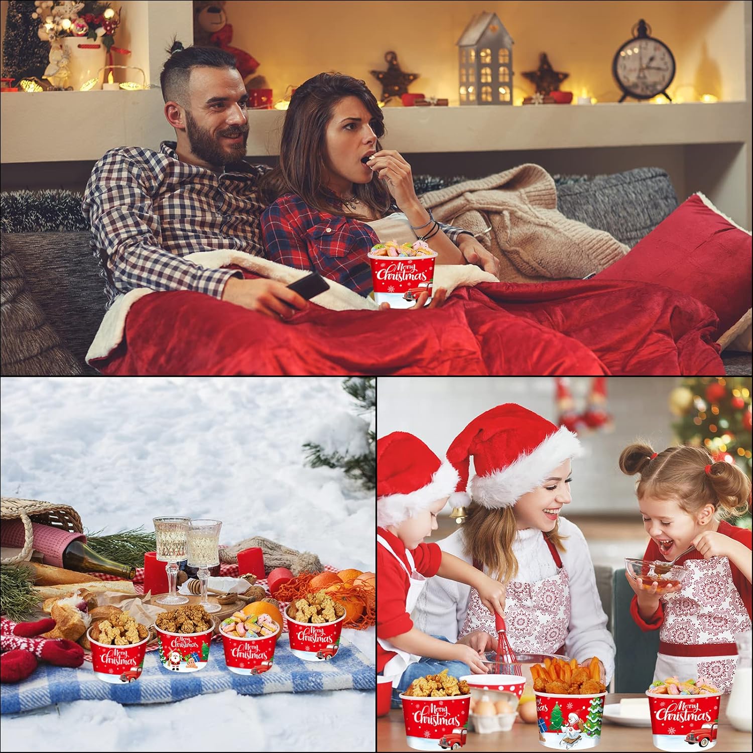 gisgfim 50 vasos de papel de Navidad, tazas de helado de Navidad, desechables de 9 onzas, tazones de postre para sopas temáticas de Navidad, para