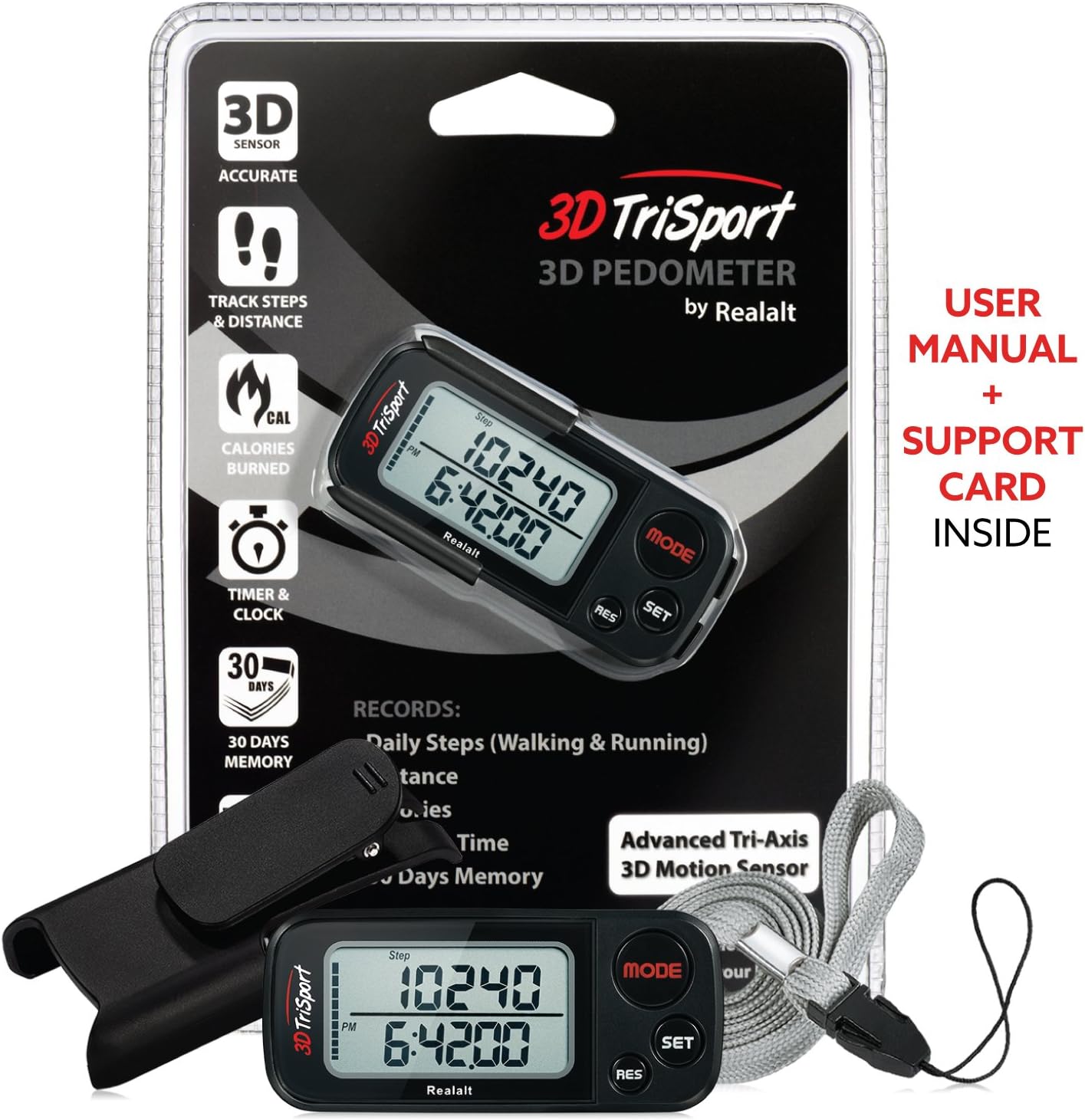 3DTriSport – Podómetro 3D para caminar con clip y correa, libro electrónico gratuito  30 días de memoria, contador de pasos preciso, distancia a pie