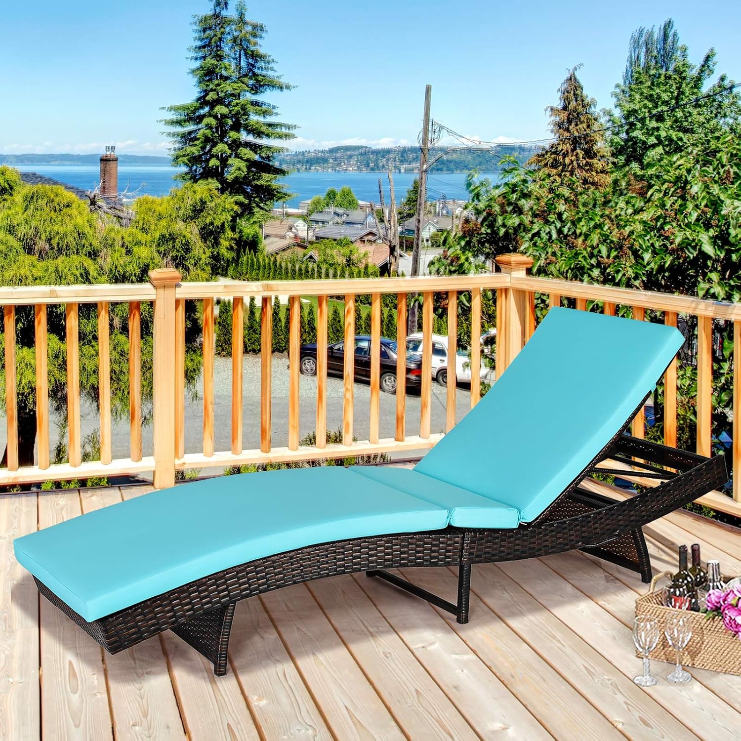 COSTWAY Silla plegable de ratán para patio, tumbona, ajustable, con cojín turquesa