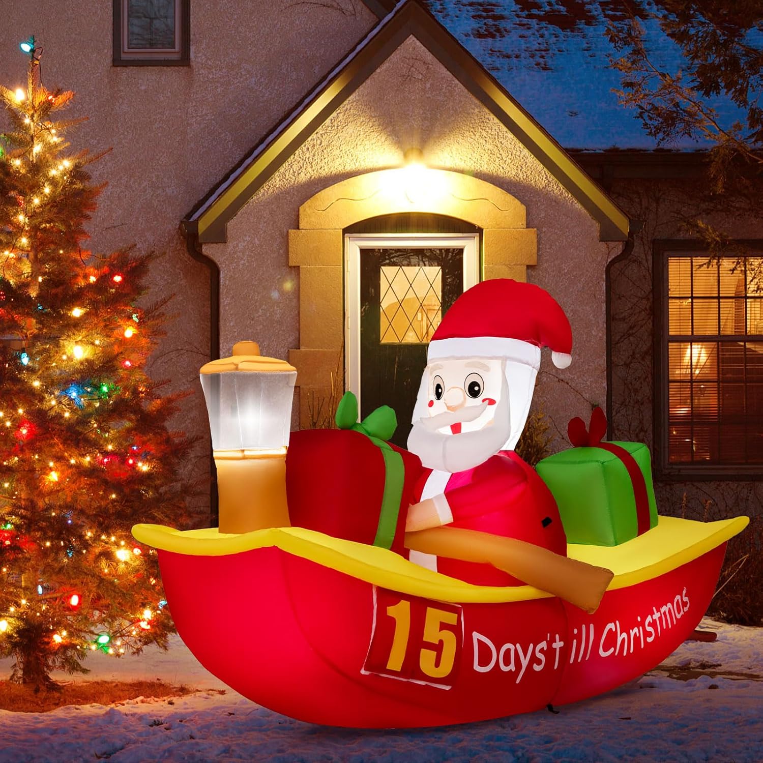 Tangkula Barco inflable de remo de Papá Noel de 7 pies con luz de navegación, cuenta regresiva para Navidad, decoración iluminada al aire libre con