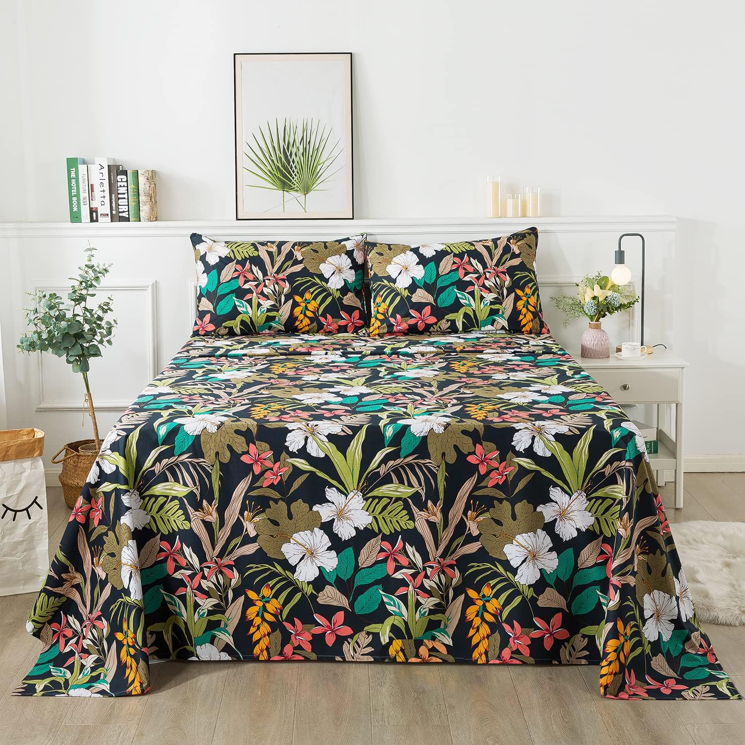 FADFAY Juego de sábanas de tamaño matrimonial con estampado floral negro y rojo, sábanas suaves de algodón de 600 hilos con estampado de hojas,