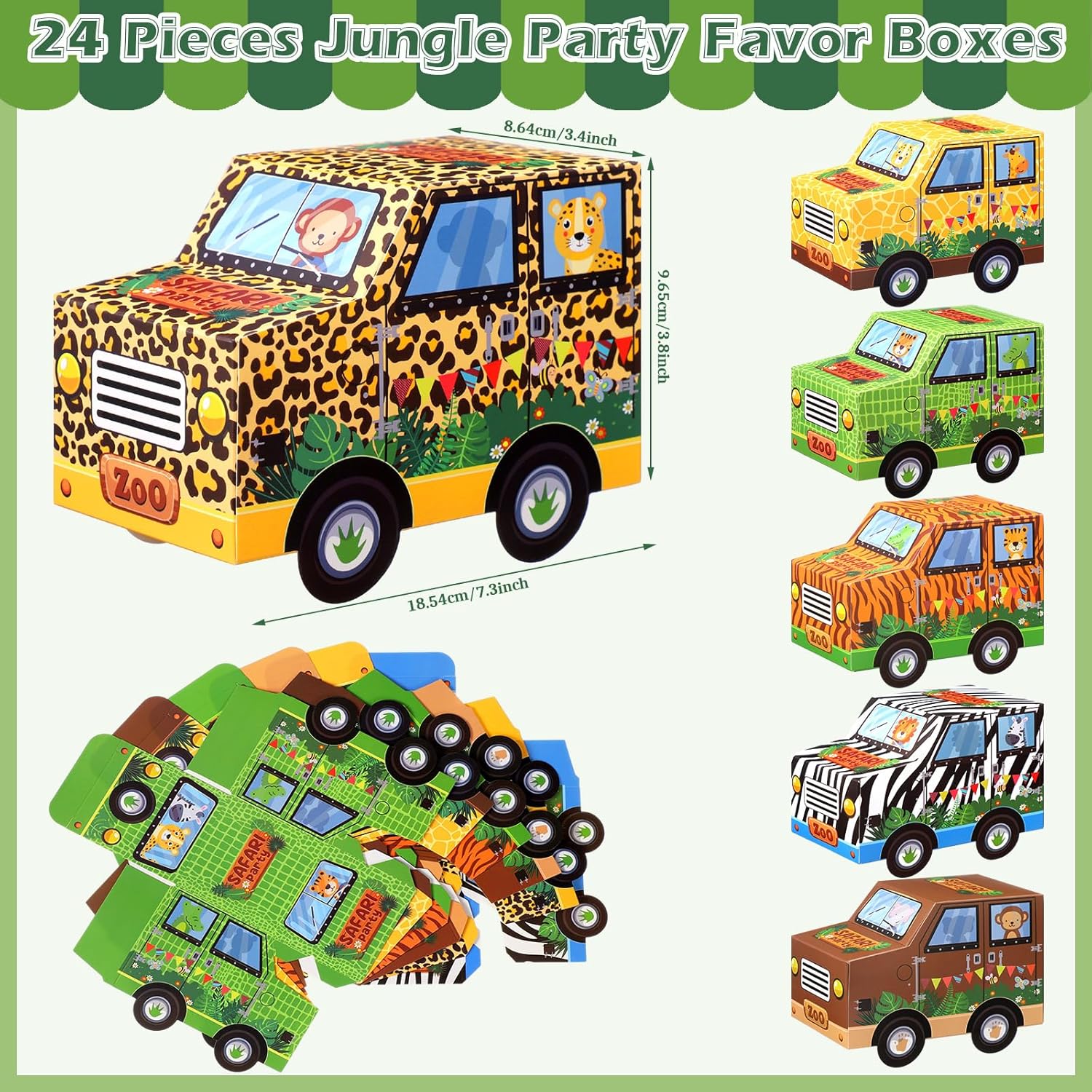 Yeaqee 24 piezas de decoraciones de fiesta de safari en forma de camión, caja de golosinas de animales de safari, caja de selva de cartón de selva