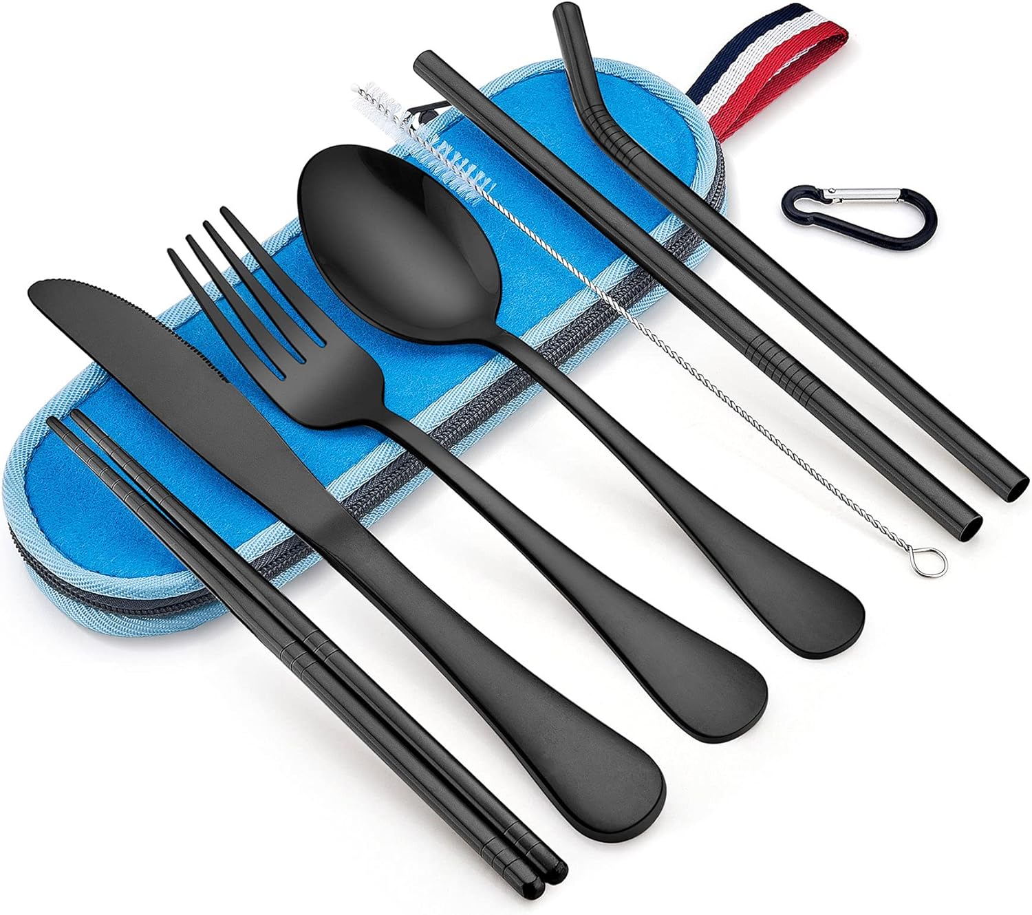 LIANYU Juego de cubiertos de viaje de 8 piezas, color negro, juego de cubiertos portátiles de acero inoxidable, cubiertos reutilizables con palillos