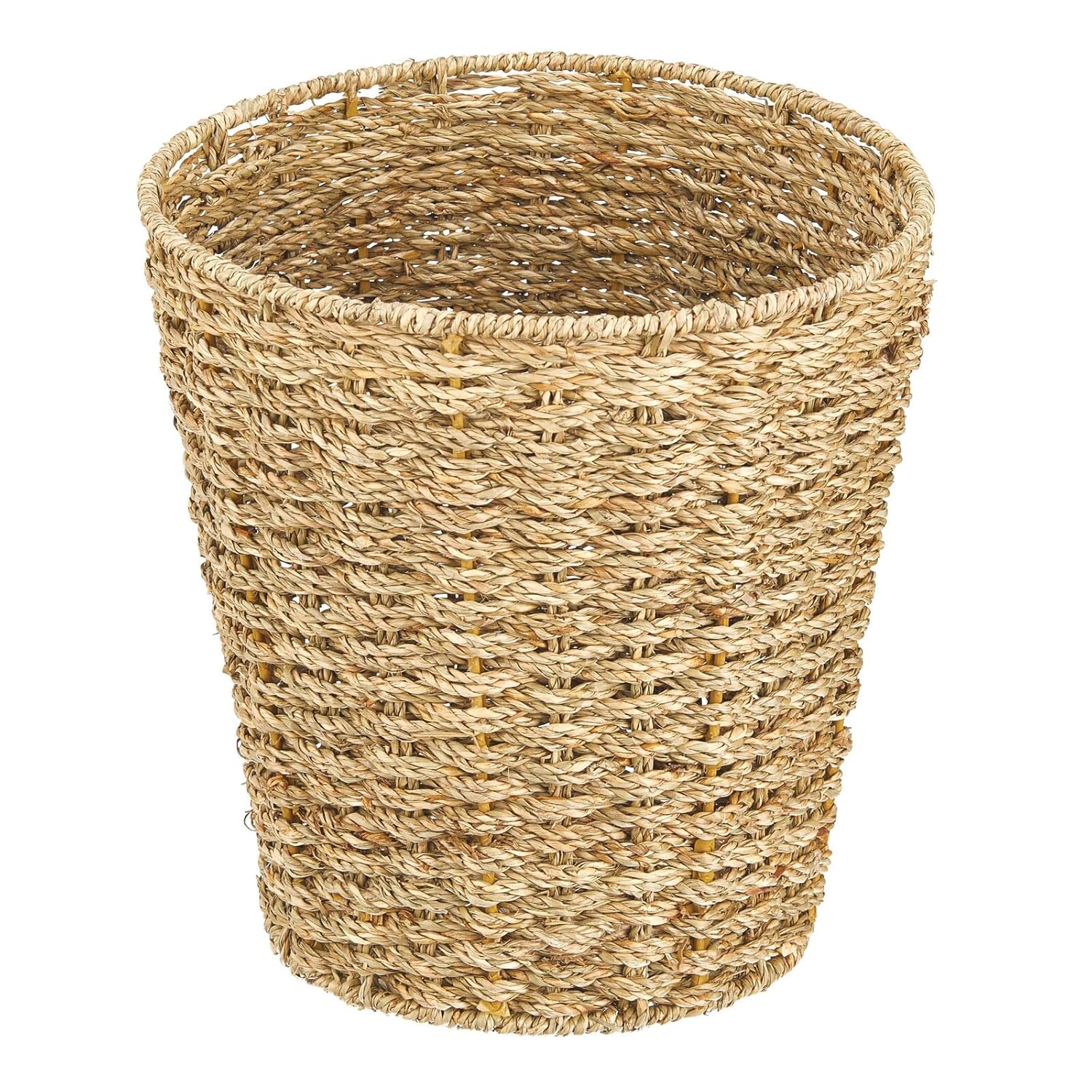mDesign Seagrass – Cubo de basura bohemio de doble tejido, pequeño, redondo, natural, para artículos esenciales de baño, acabado natural