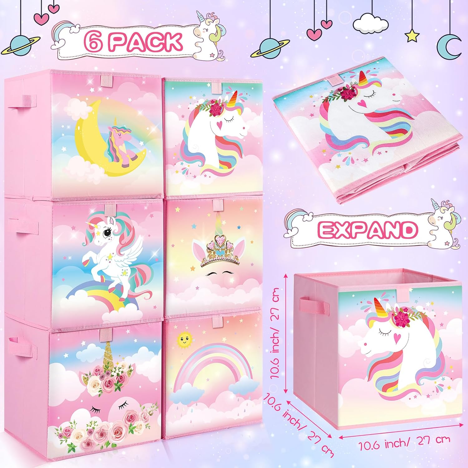 6 cubos de almacenamiento plegables para niños, cubos de almacenamiento plegables para niños, caja de juguetes decorativa para niños, con asas, para