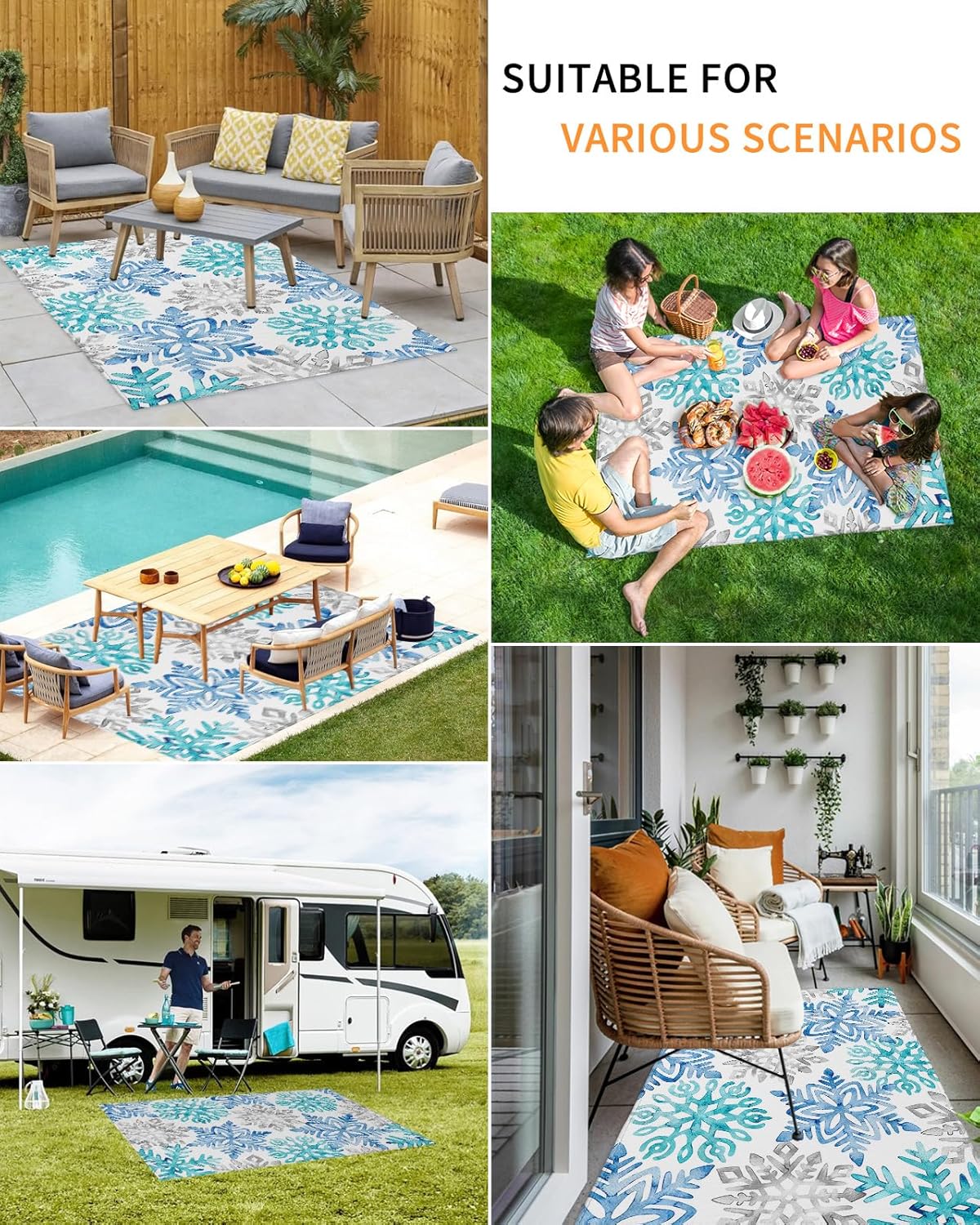 Outdoor Rug Carpet Waterproof 5×8 ft Area Rug, Blue Green Snowflake Winter Large Floor Mat for Patio Balcony Living Room Backyard Picnic Beach RV