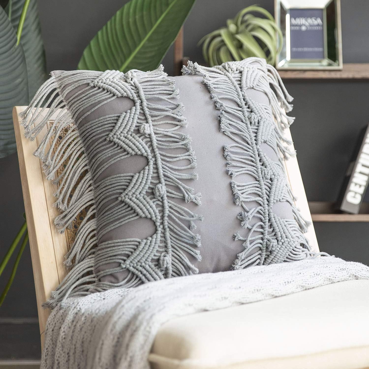 Phantoscope Almohada de algodón 100% hecha a mano Symmetry 3D tejida con ganchillo, estilo bohemio, cojín decorativo para sofá, sofá, gris, 18 x 18