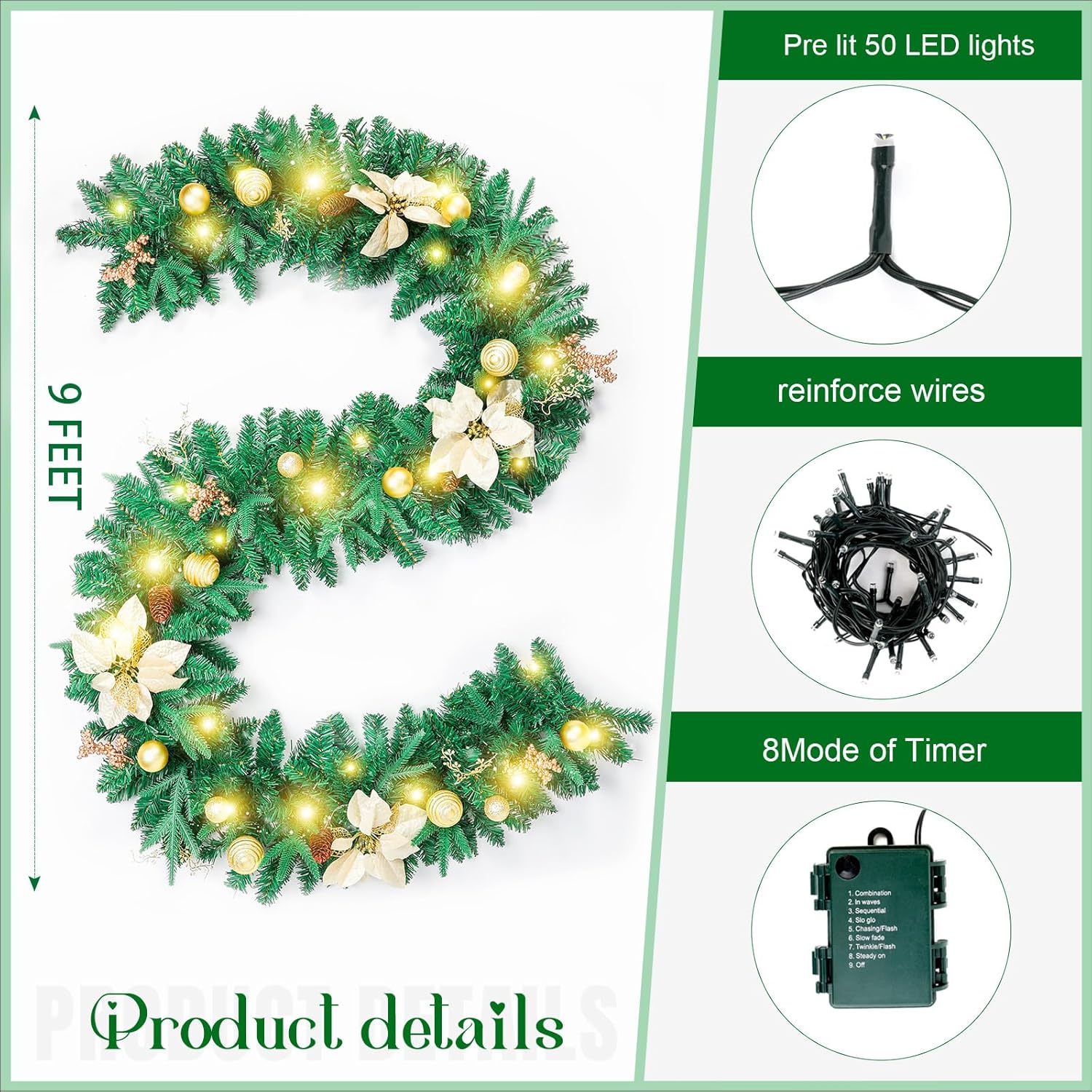Joyhalo Guirnalda de Navidad de 9 pies con luces que funciona con pilas, guirnalda de Navidad preiluminada para exteriores, guirnalda de Navidad