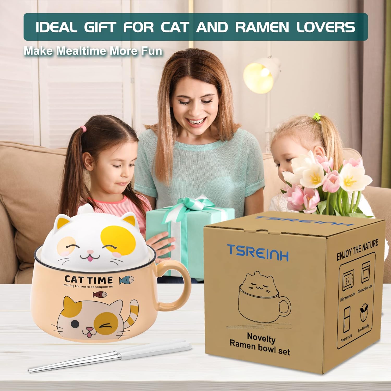 Juego de cuencos para ramen con palillos, lindos cuencos de fideos instantáneos para ramen con tapa, cuencos de cerámica extra grandes de 34.5 onzas