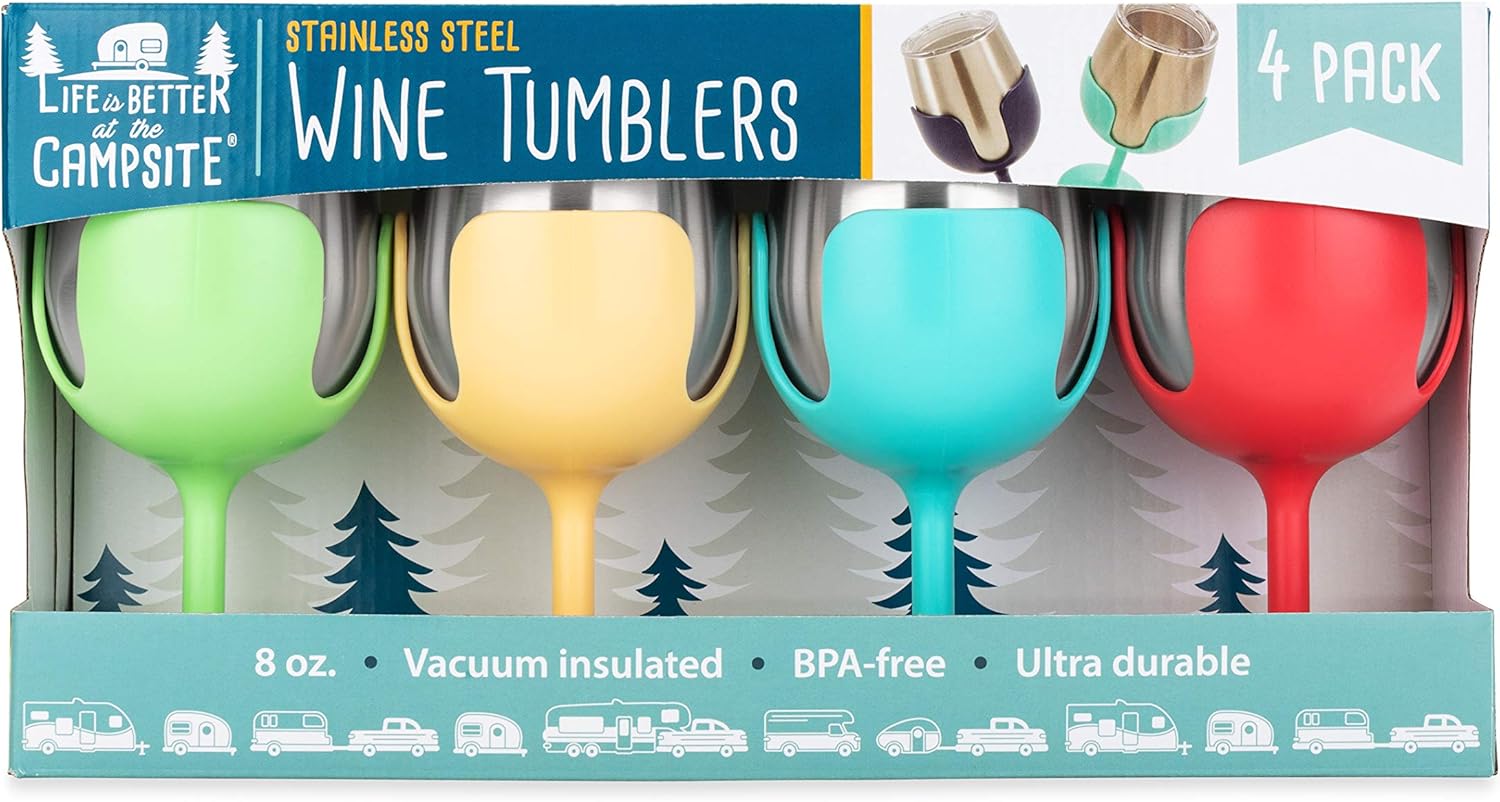 Camco Life is Better at The Campsite – Vaso de vino  Aislamiento al vacío de doble pared resistente  Hecho de acero inoxidable 188  Tallos