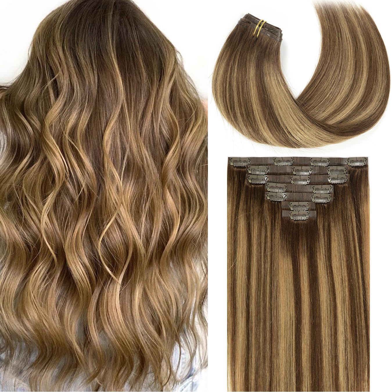 Loxxy – Extensiones de cabello humano Remy, sin costuras, con clip, color marrón chocolate mezclado con rubio caramelo, trama invisible de