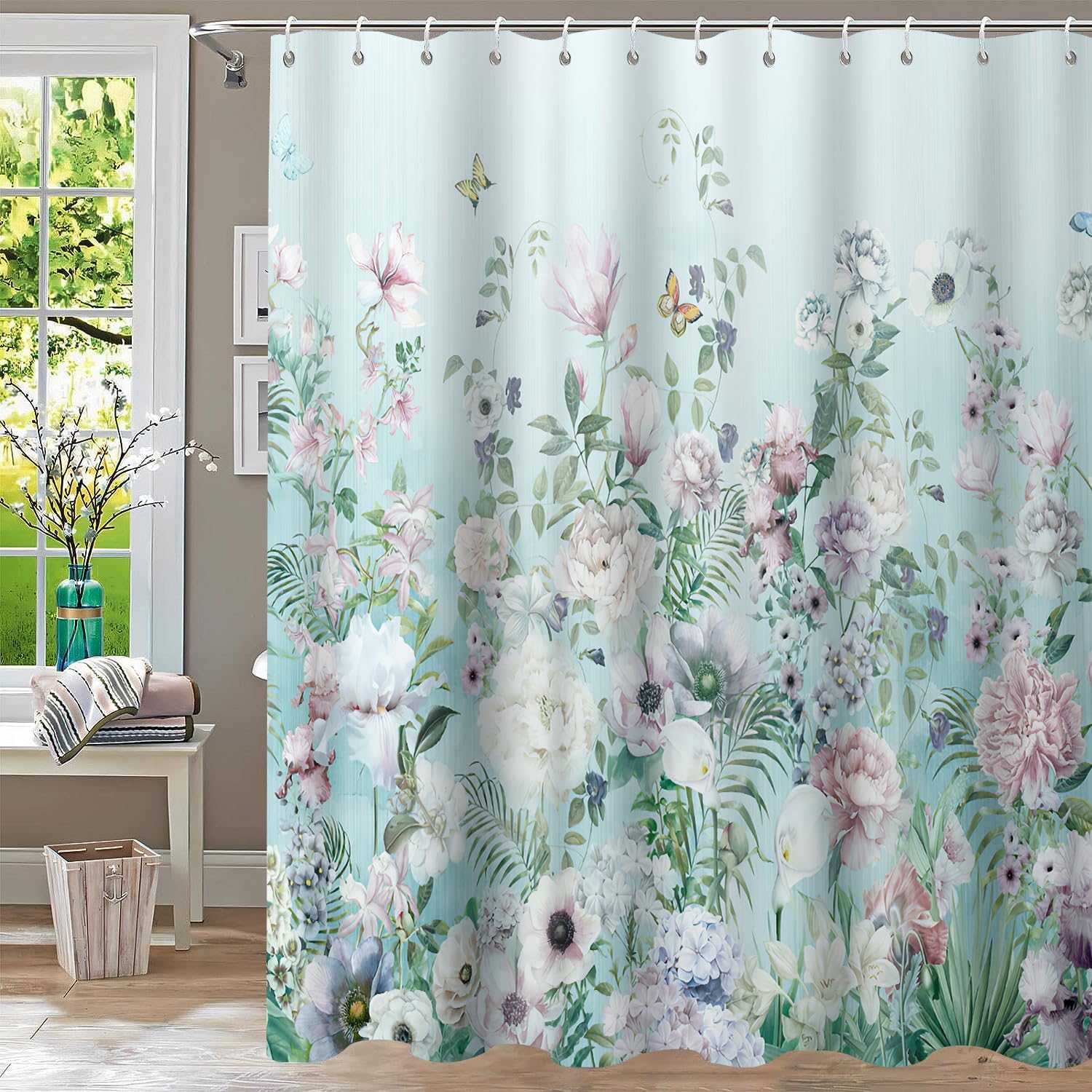 Juego de cortinas de ducha verde azulado, cortinas de ducha de flores para baño, cortinas de ducha de tela impermeable, decoración de cortina de