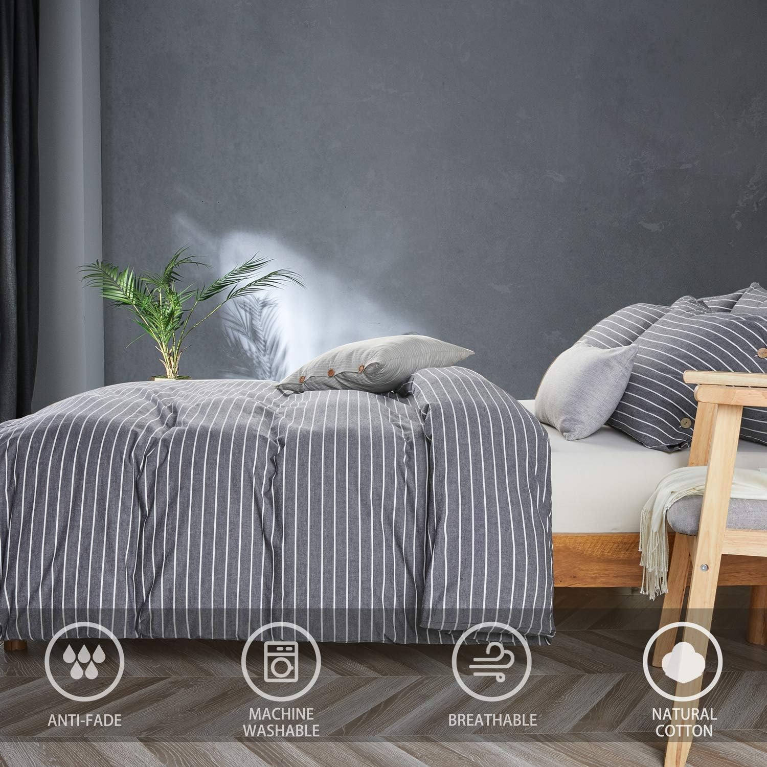 JELLYMONI Pinstriped 100% Washed Cotton Linen Like Duvet Cover Set, 3 Pieces Luxury Soft Bedding Set with Buttons Closure, Grey Stripes Pattern