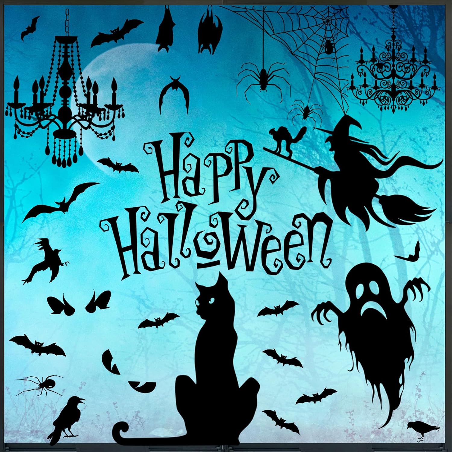 Silueta de Halloween para ventana, calcomanías de pared de silueta de Halloween, calcomanías de pared extraíbles de Halloween, decoración de