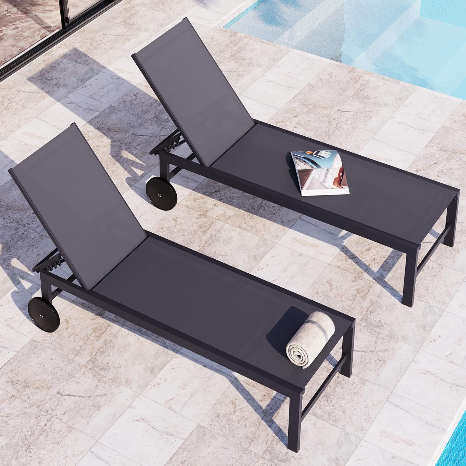 QAQA – 2 tumbonas para exteriores con ruedas, silla de aluminio para patio con 5 posiciones ajustables para piscina, playa, patio, gris oscuro