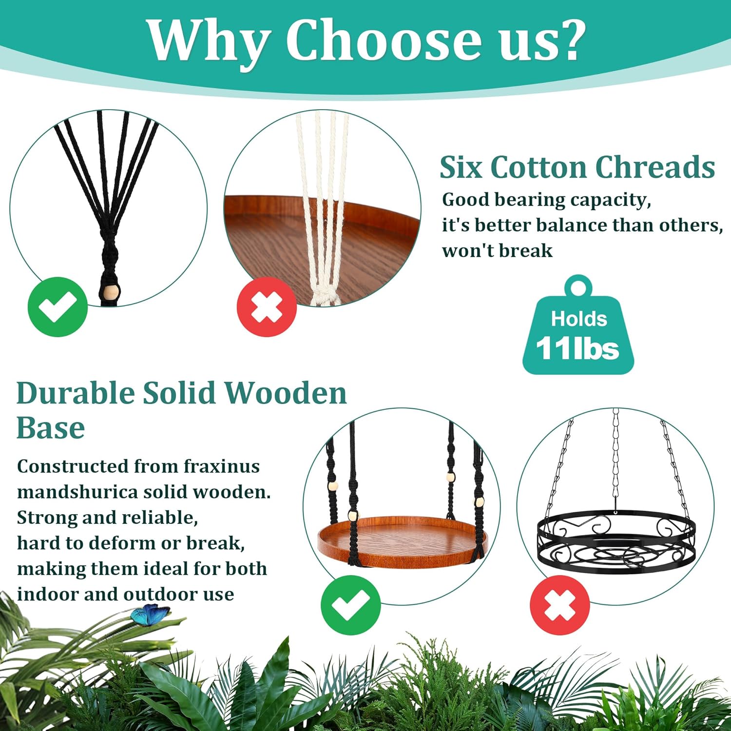 Hiboom Colgador de plantas de 2 niveles para interiores y exteriores, con 2 bandejas de madera maciza, estante colgante de macramé para decoración