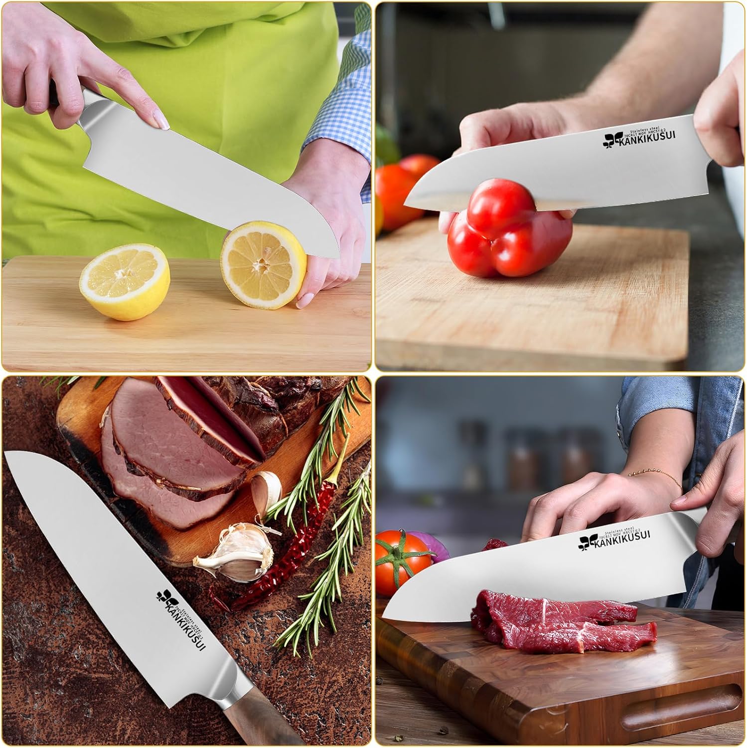 Santoku – Cuchillo de 7 pulgadas, 70CR17MOV, cuchillo de alto carbono para carneverdurafruta, juego de cuchillos con funda, sacapuntas, paño de