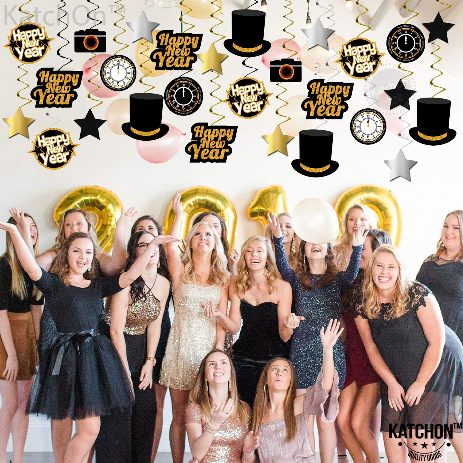 KatchOn, Remolinos colgantes de feliz año nuevo, paquete de 30  Suministros de fiesta de Año Nuevo negro y dorado 2024  Decoraciones de Año Nuevo