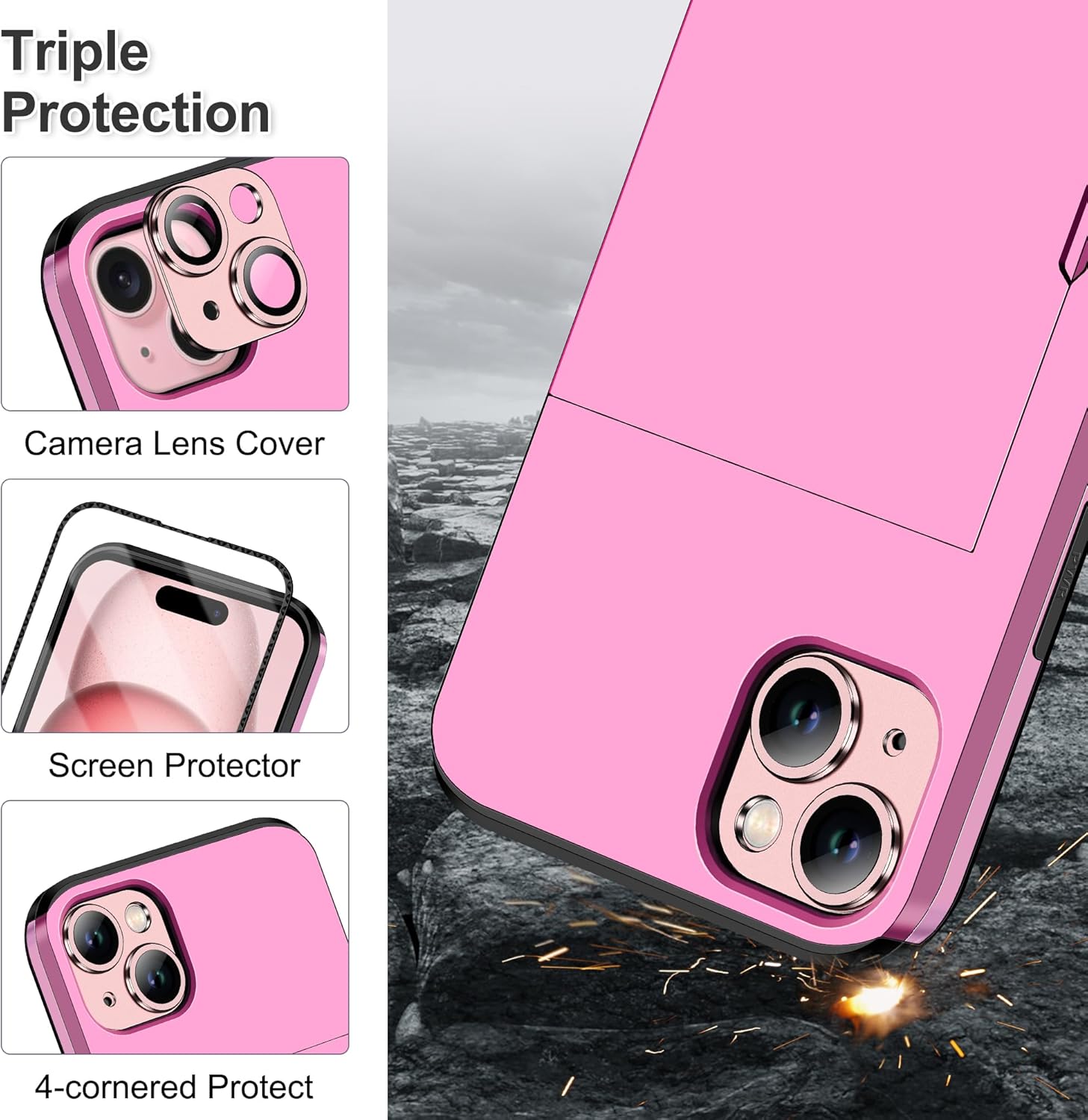 SAMONPOW Funda 4 en 1 para iPhone 15 con tarjetero, protector de pantalla y funda para cámara, funda híbrida tipo cartera para iPhone 15 de cuerpo