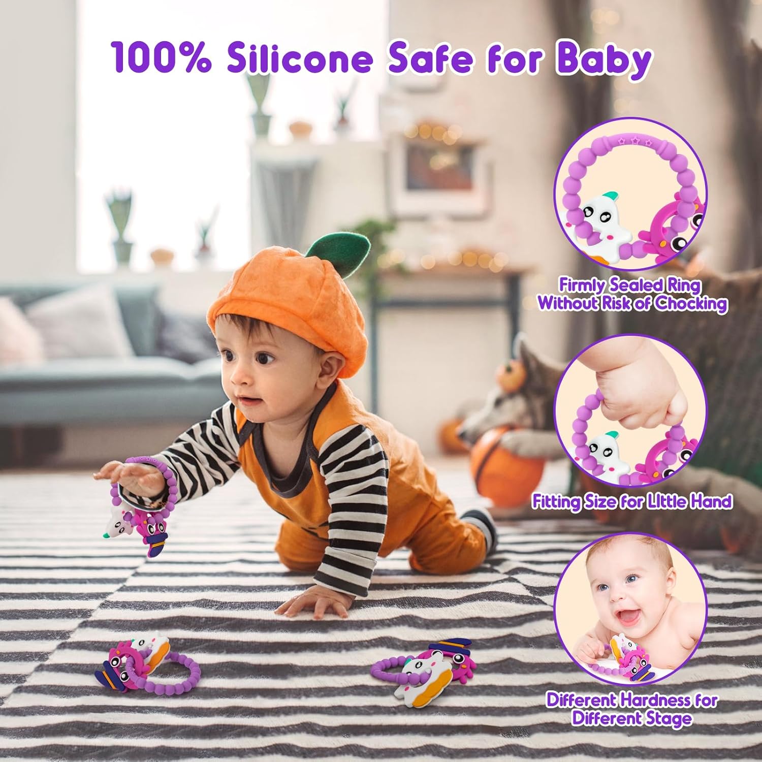 Juguetes de Halloween para bebés, mordedores de anillo para bebés de 0 a 6 meses, agarre de Halloween, juguetes de silicona para masticar, para