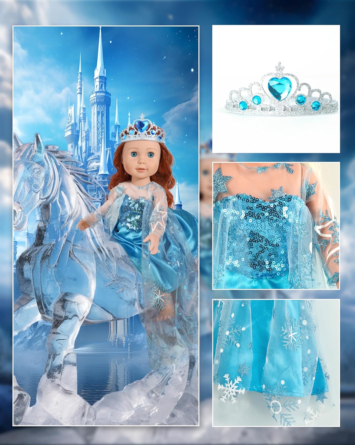 Accesorios de ropa de muñeca de 18 pulgadas, juego de disfraz de princesa de 6 piezas con corona para muñecas de 18 pulgadas