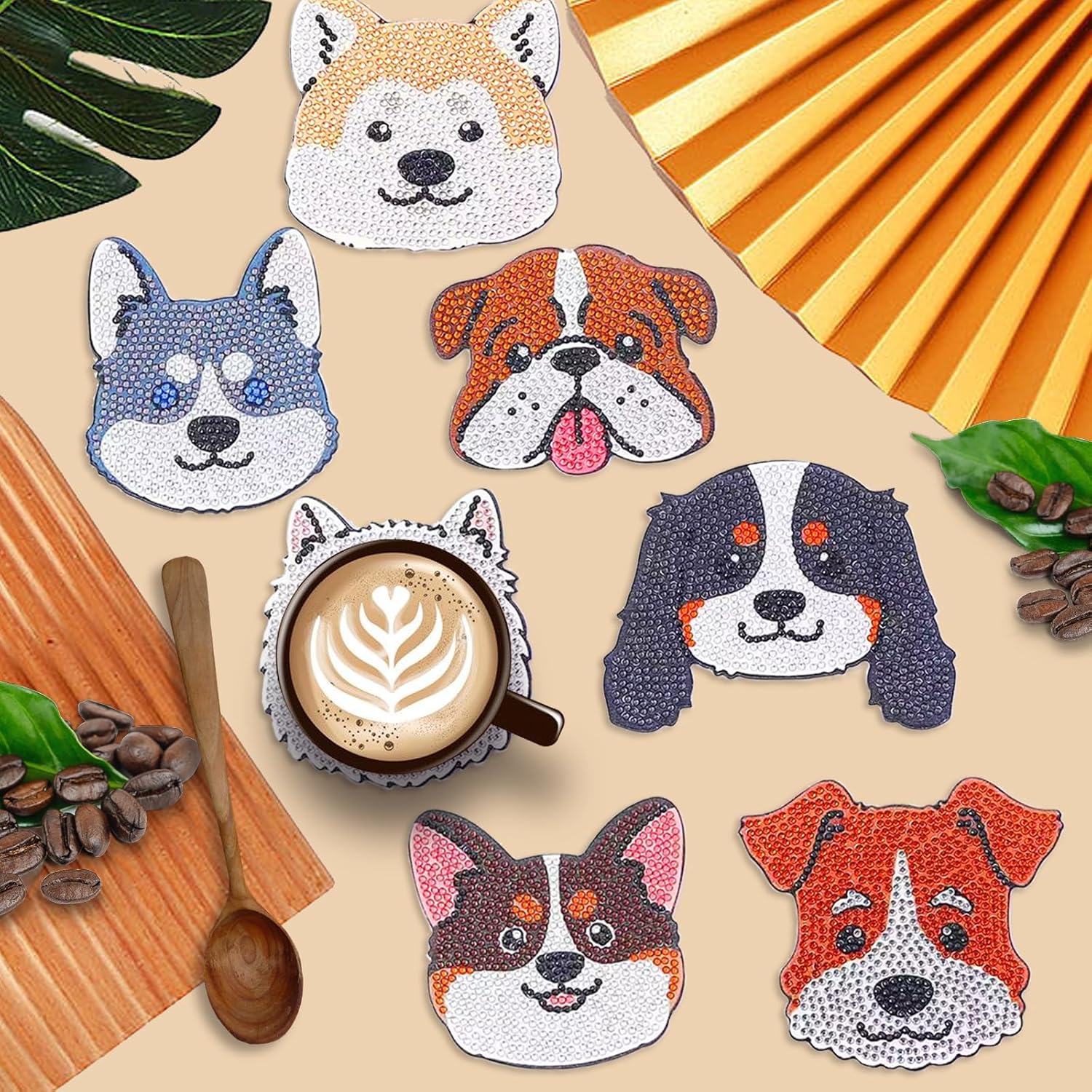 8 posavasos de pintura de diamante en forma de perro para bebidas, kits de pintura de diamantes para perros de mascotas con soporte, posavasos de