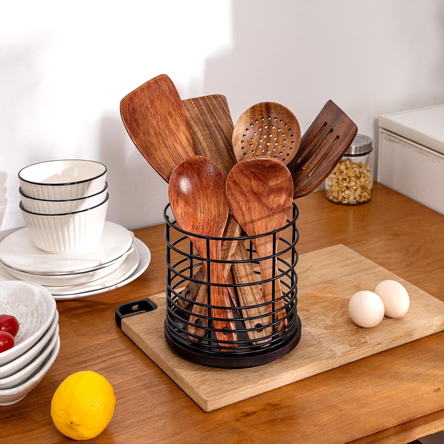 Soporte giratorio de 360 para encimera de cocina, soporte de utensilios de cocina grande de metal y madera de 6.5 pulgadas con orificio de drenaje,