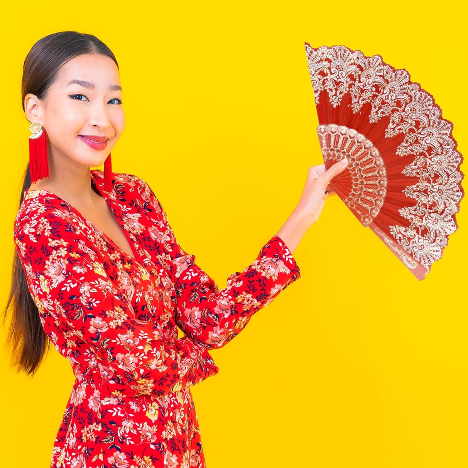 Abanico plegable español, 5 abanicos de mano tradicionales retro con encaje rosa floral elegante ventilador de mano para bodas, bailes, fiestas de