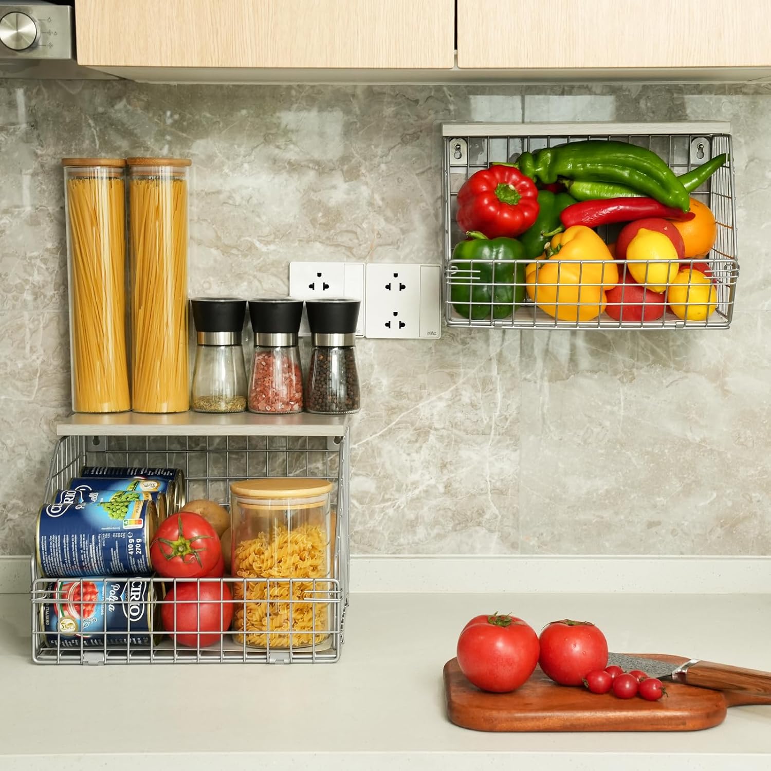 Cesta de frutas plateada, apilable para montar en la pared, cesta de almacenamiento con tapa de madera, cesta de alambre colgante de cocina para