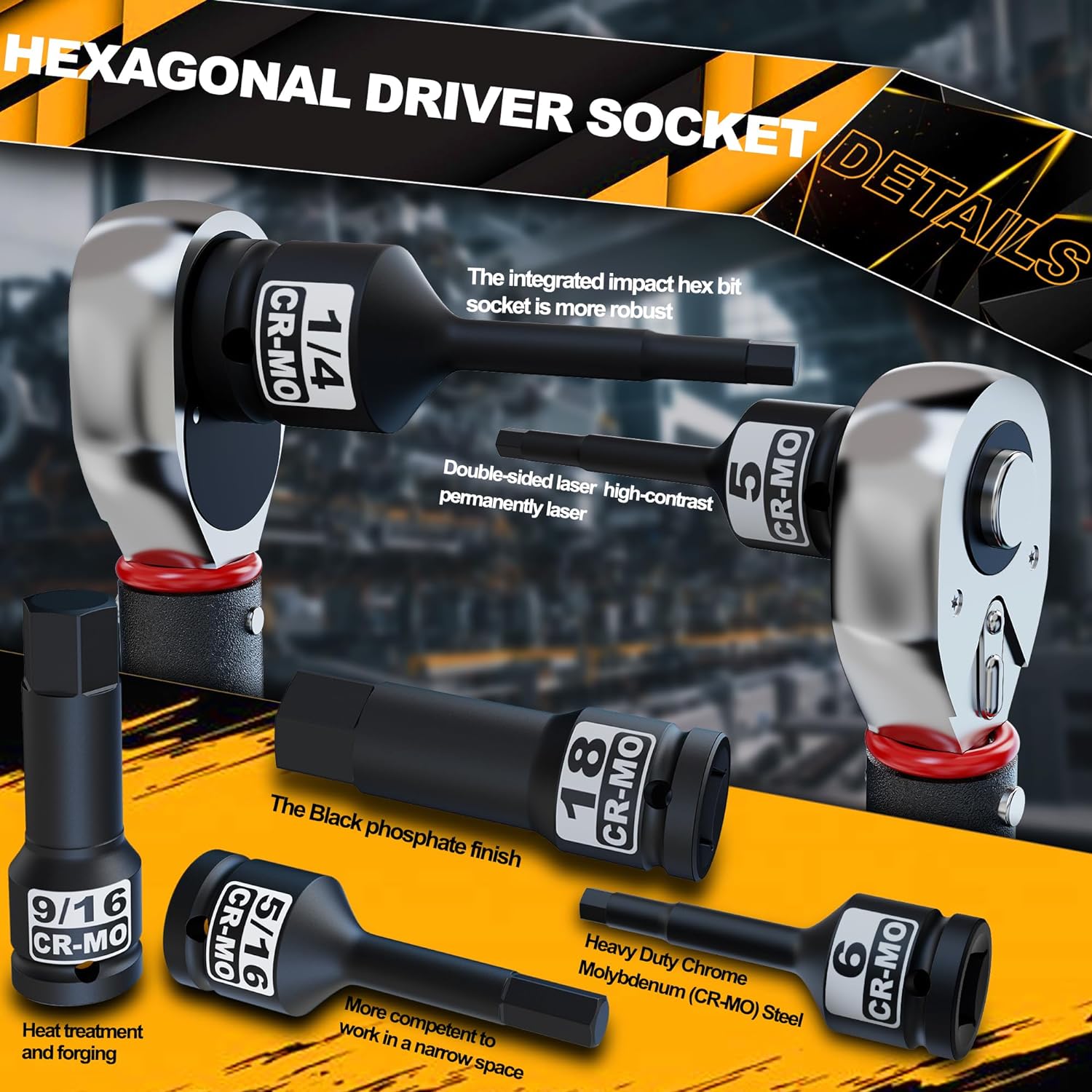 Juego de dados hexagonales Drive Master Impact de 12 pulgada, métrico y SAE, juego de 20 piezas de dados Allen de impacto de 12 pulgada, 0.197 in –