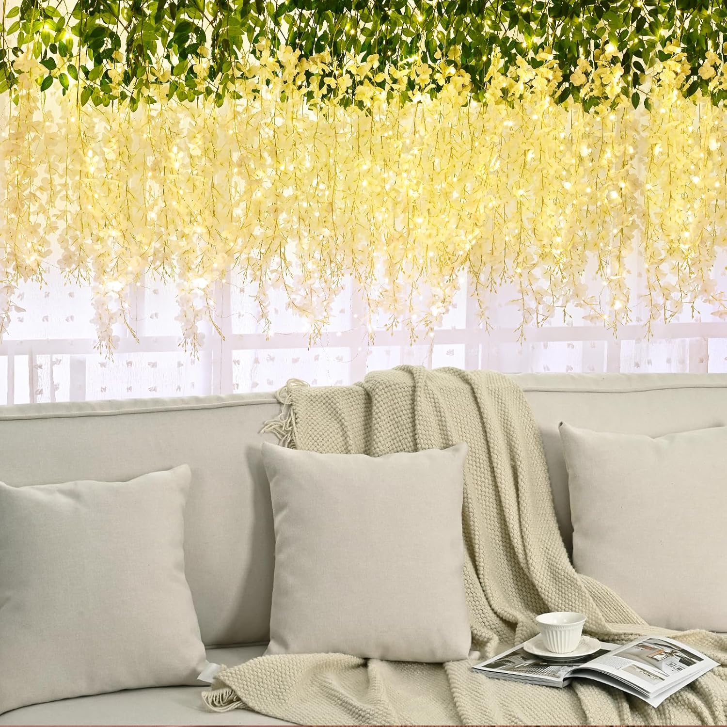 Waipfaru Paquete de 12 flores colgantes de glicina, flores artificiales de glicina blanca de 3.6 pies, guirnalda de glicinias, enredaderas colgantes