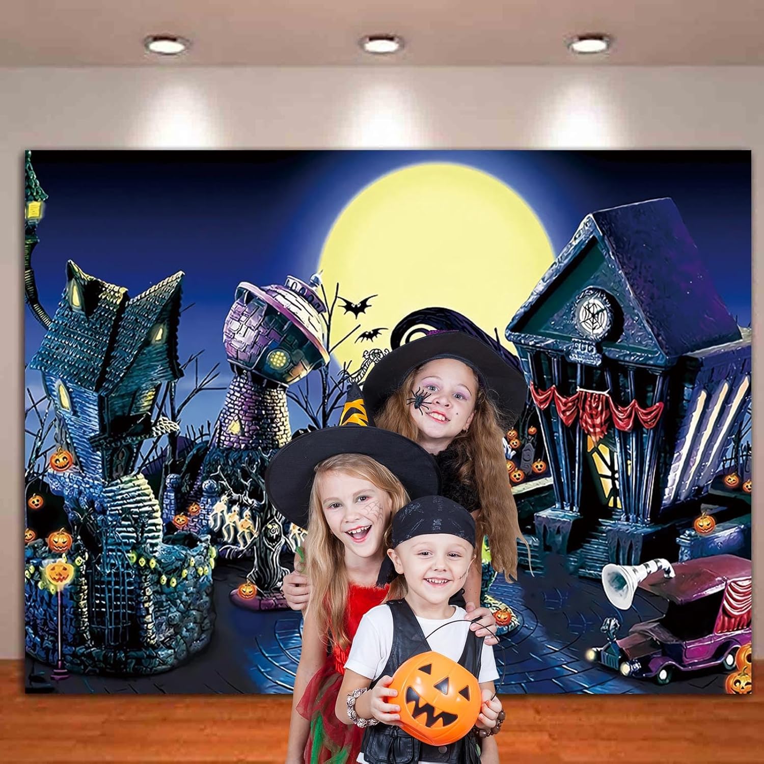 Telón de fondo para fotografía de Halloween de 9 x 6 pies para fotografía, castillo de Navidad, calabaza, murciélago, luna, fondo de fotos para