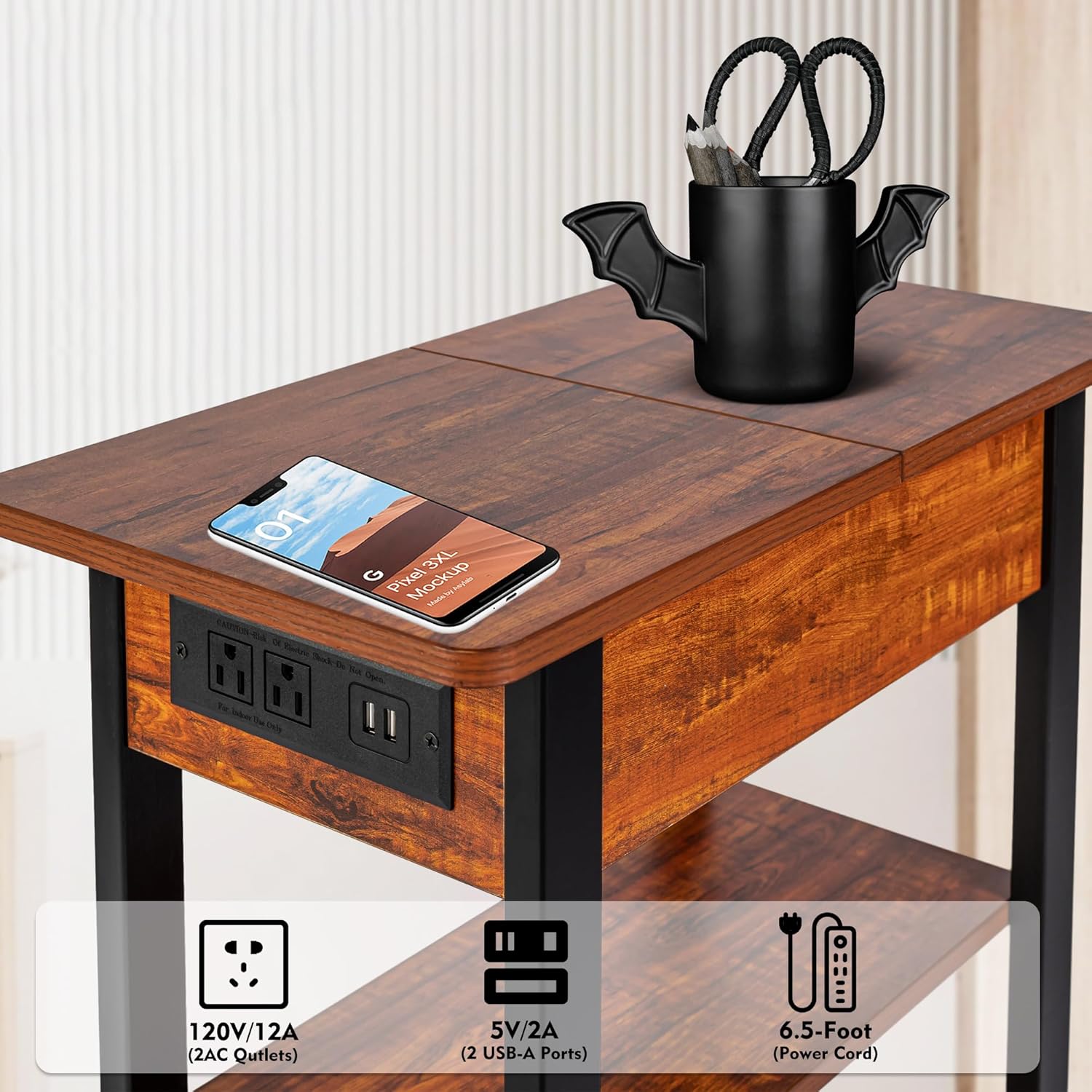Mesa auxiliar con estación de carga, mesa auxiliar estrecha abatible con puertos USB y tomas, mesita de noche con almacenamiento para espacios